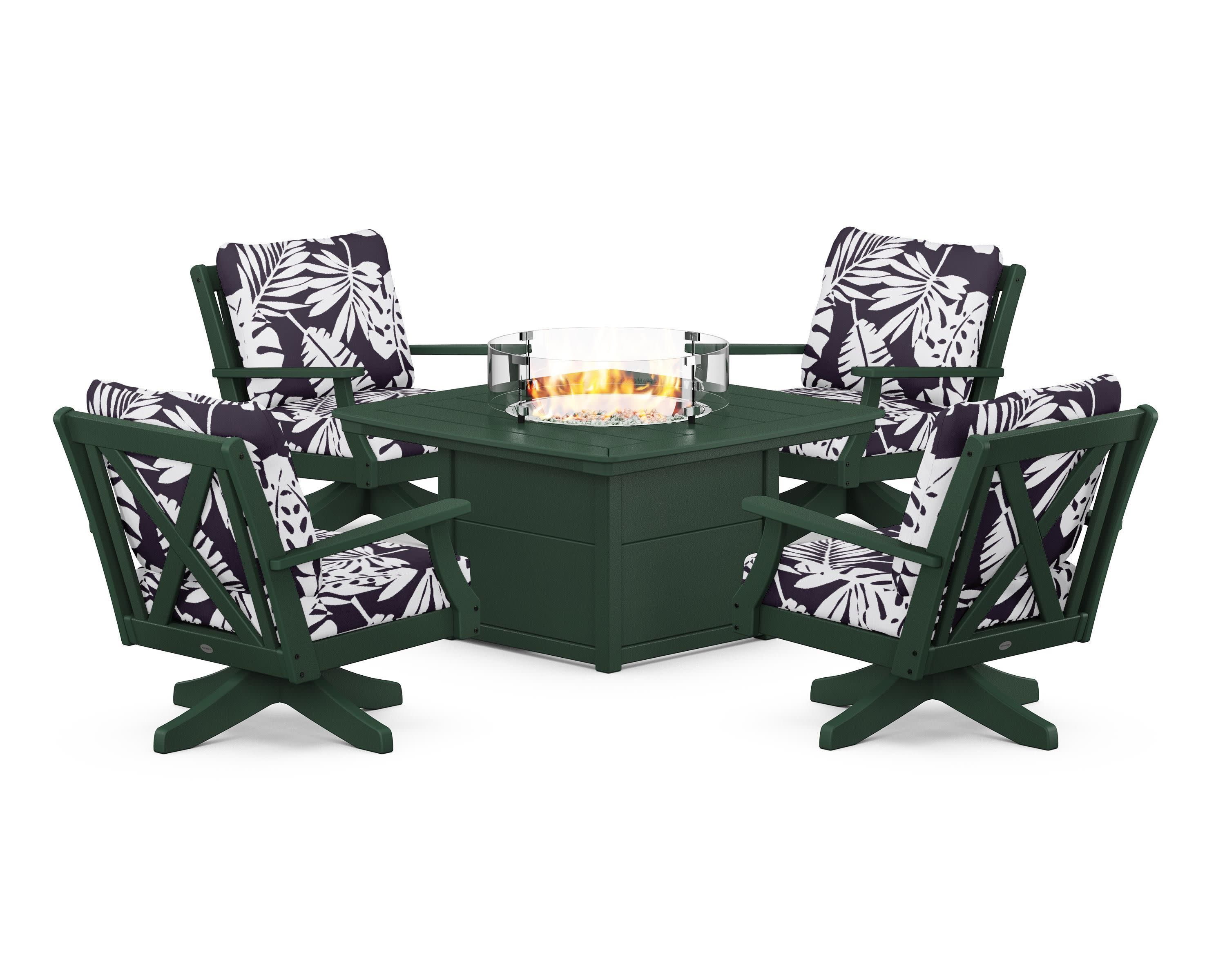 Braxton 5-Piece Deep Seating Swivel Conversation Set with Fire Pit Table in Green / Leaf Navy