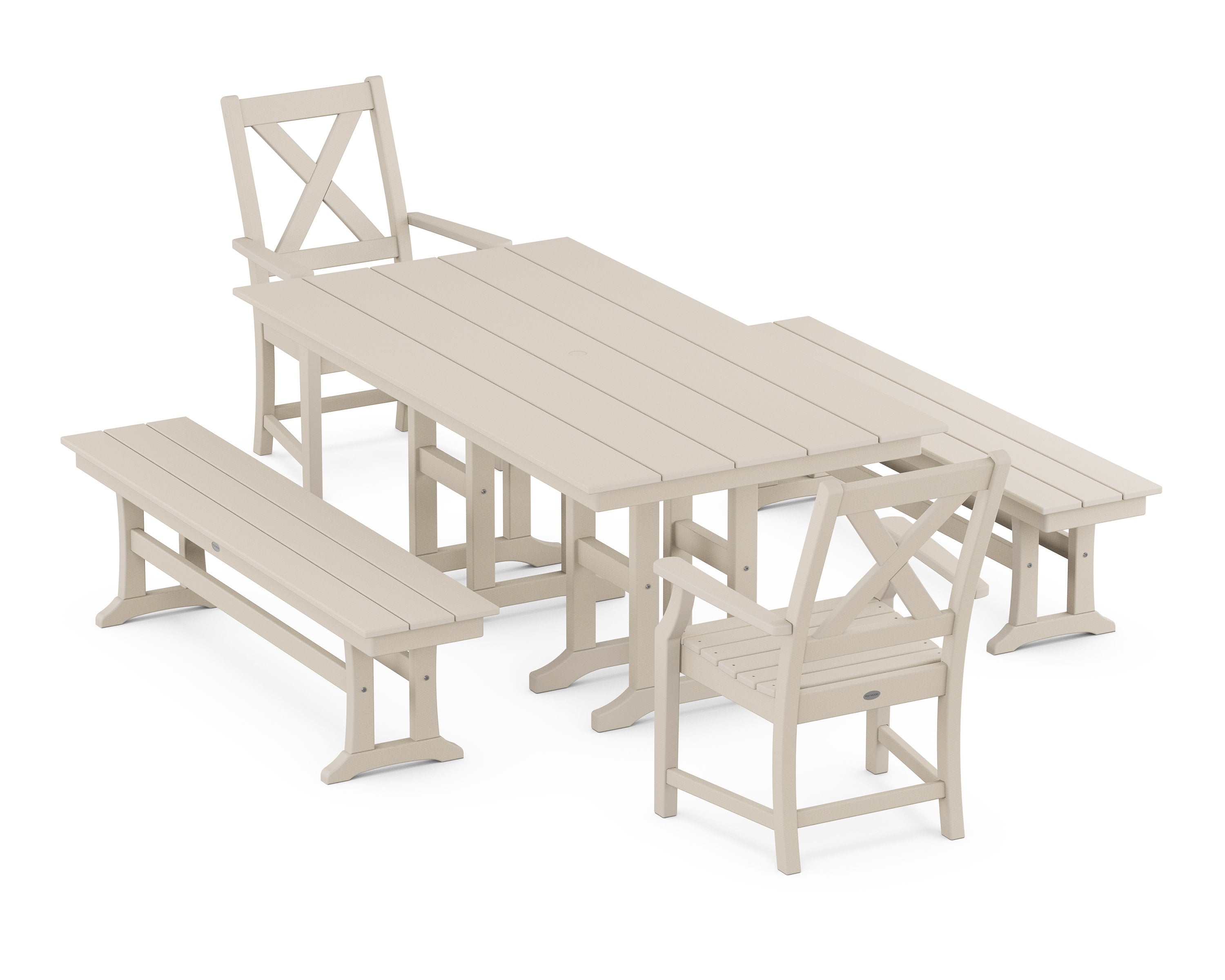 Braxton 5-Piece Farmhouse Dining Set with Benches in Sand