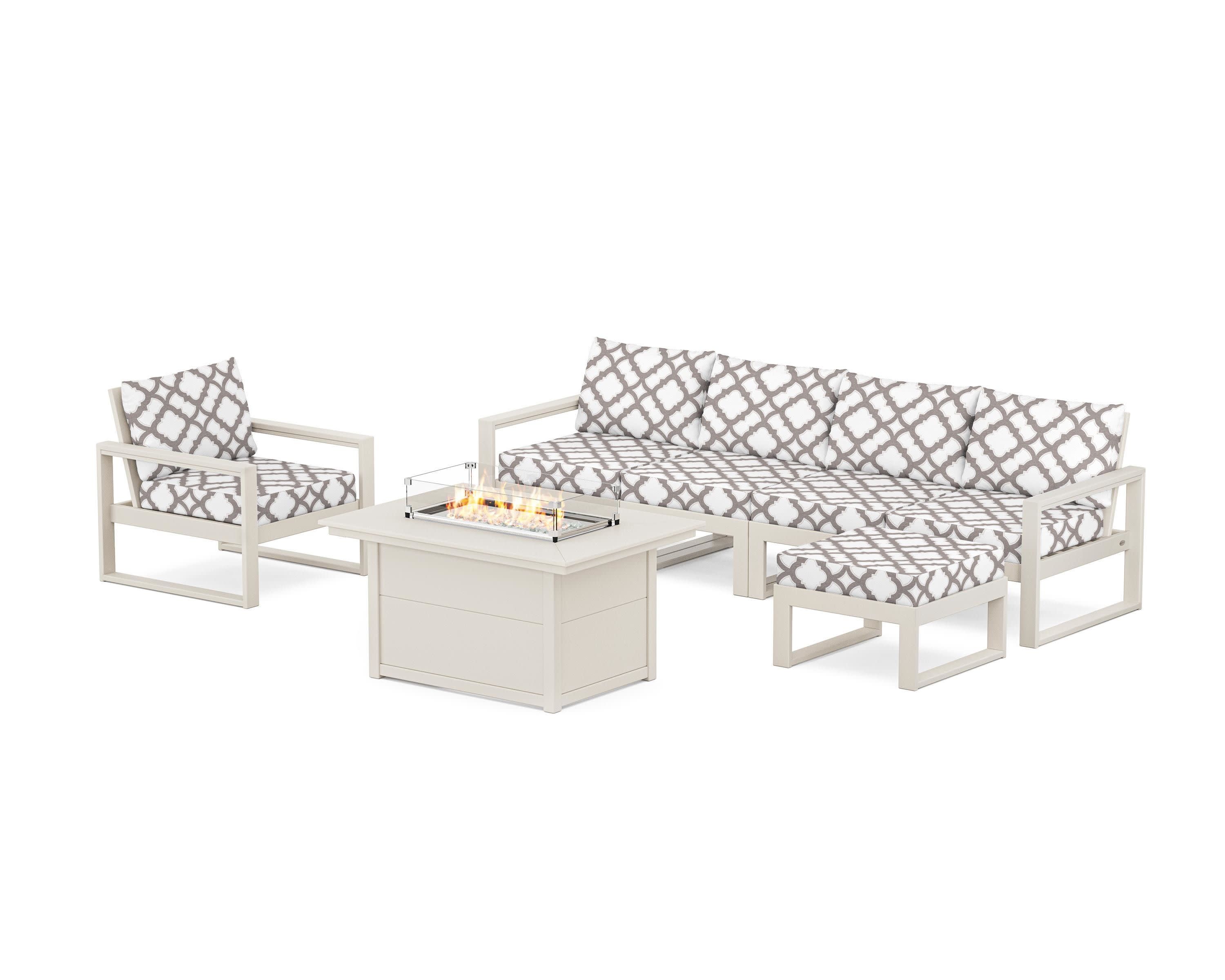 EDGE Sectional Lounge and Fire Pit Set in Sand / Trellis Grey Mist
