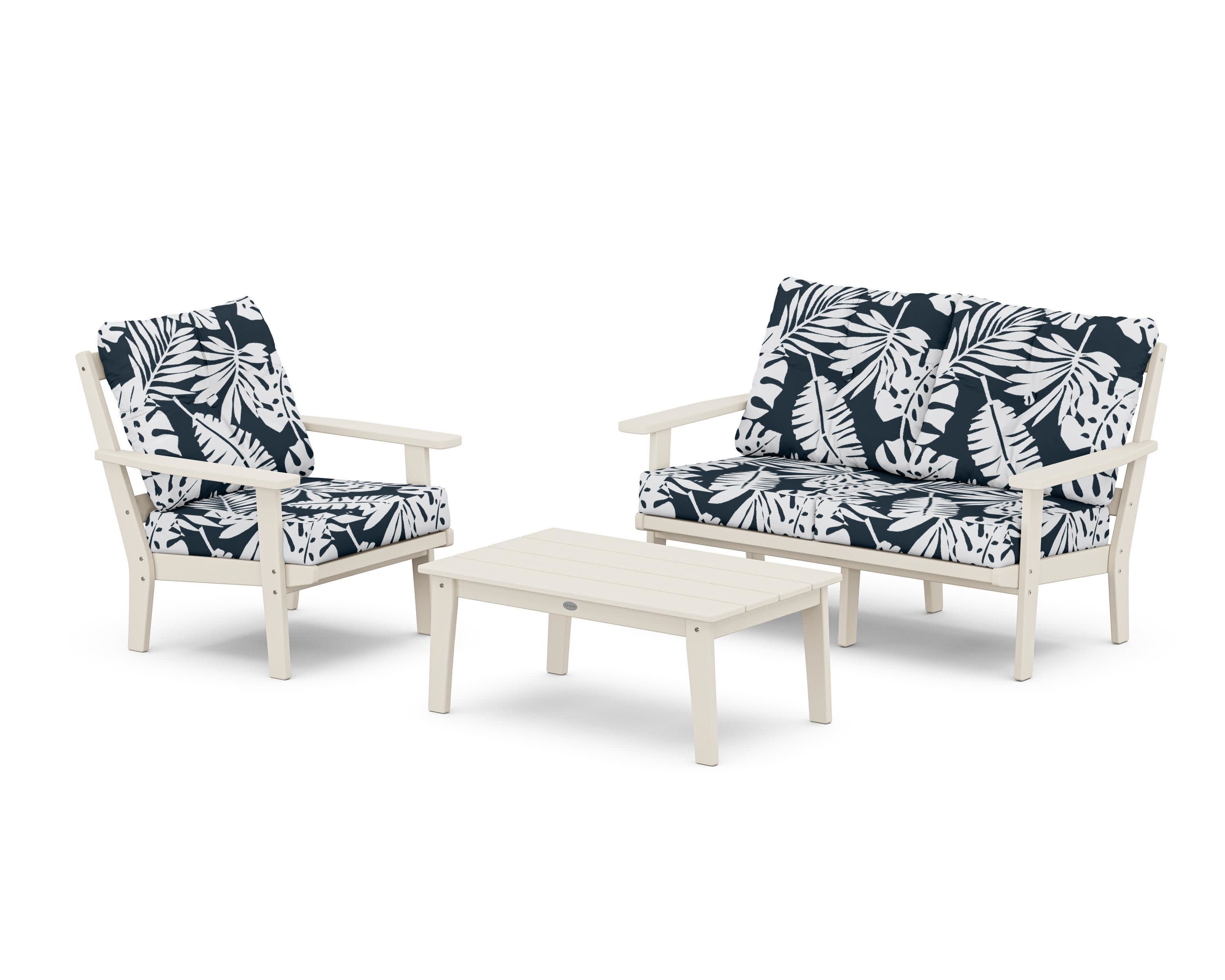 Oxford 3-Piece Deep Seating Set with Loveseat in Sand / Leaf Marine Indigo