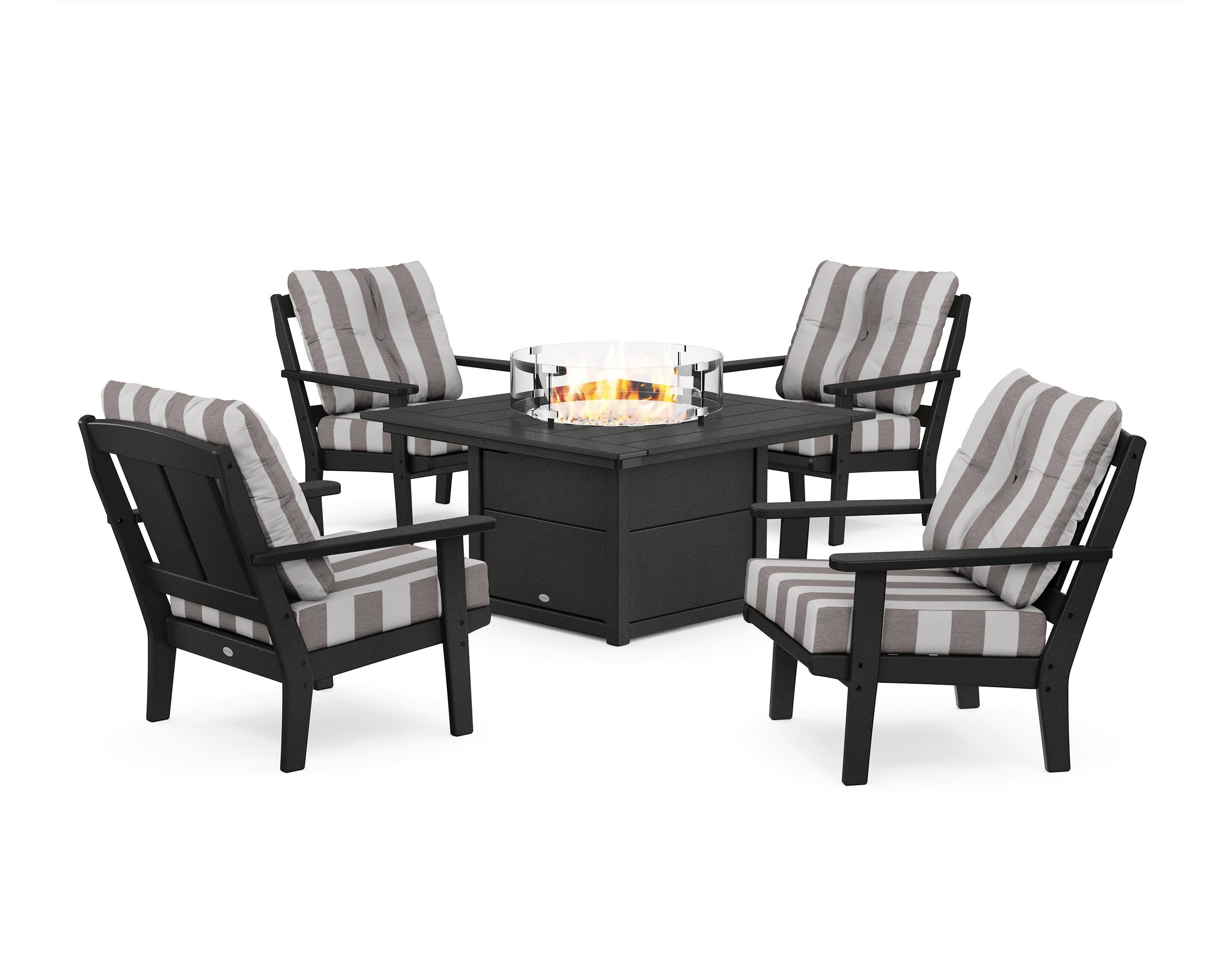 Mission 5-Piece Deep Seating Set with Fire Pit Table in Black / Cabana Stripe Grey Mist
