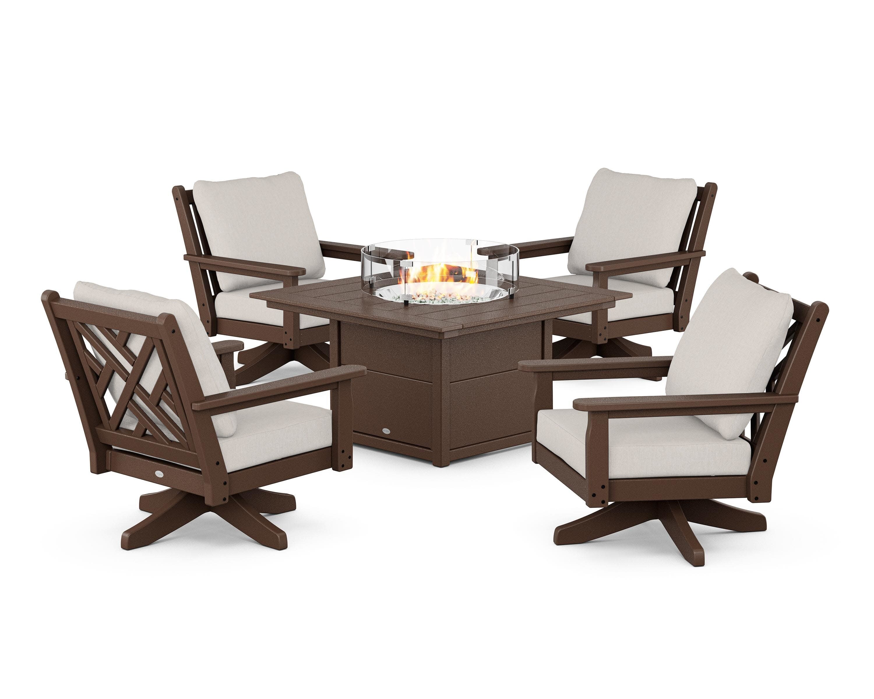 Chippendale 5-Piece Deep Seating Swivel Conversation Set with Fire Pit Table in Mahogany / Cast Ash