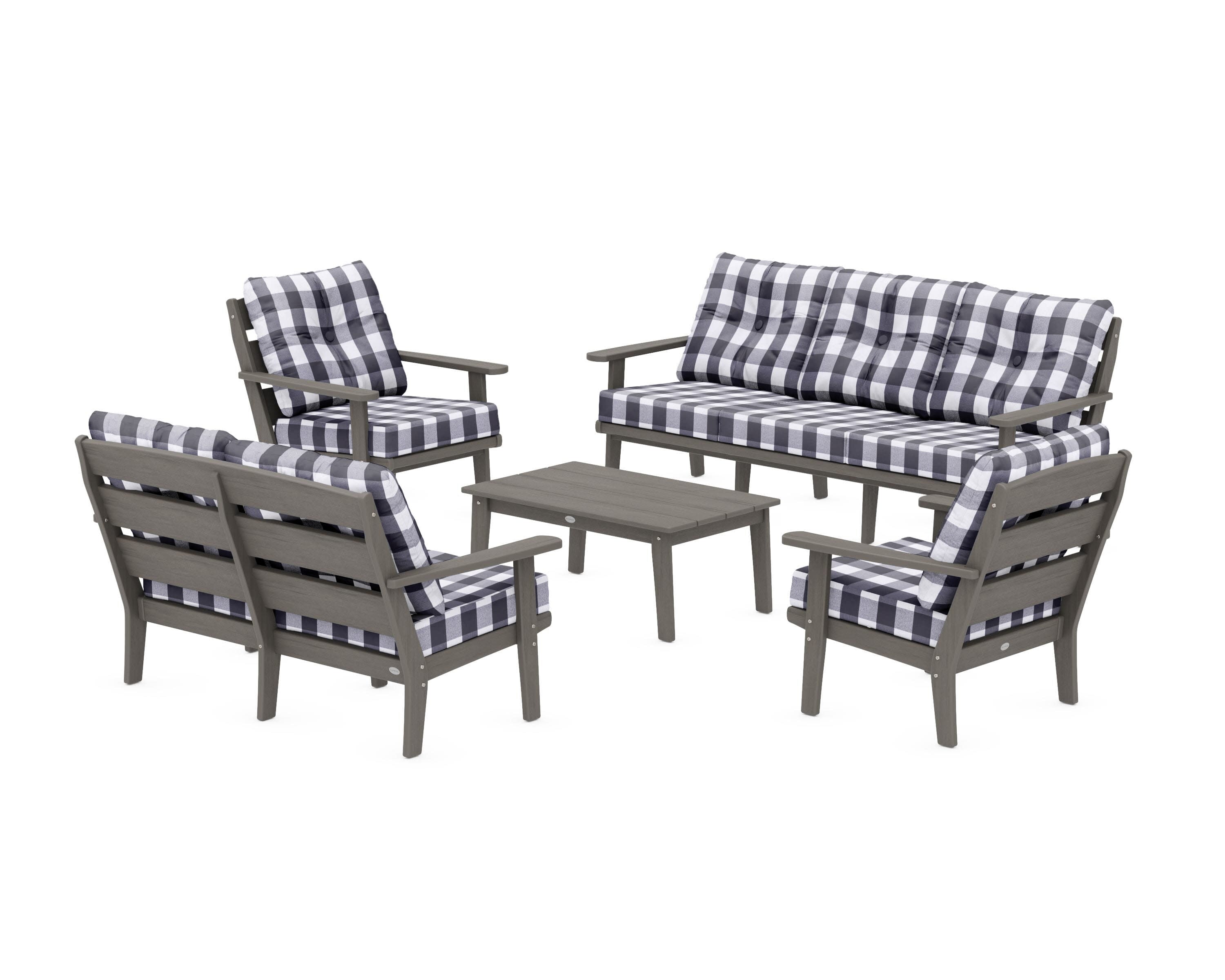 Lakeside 5-Piece Lounge Sofa Set in Driftwood / Buffalo Plaid Navy