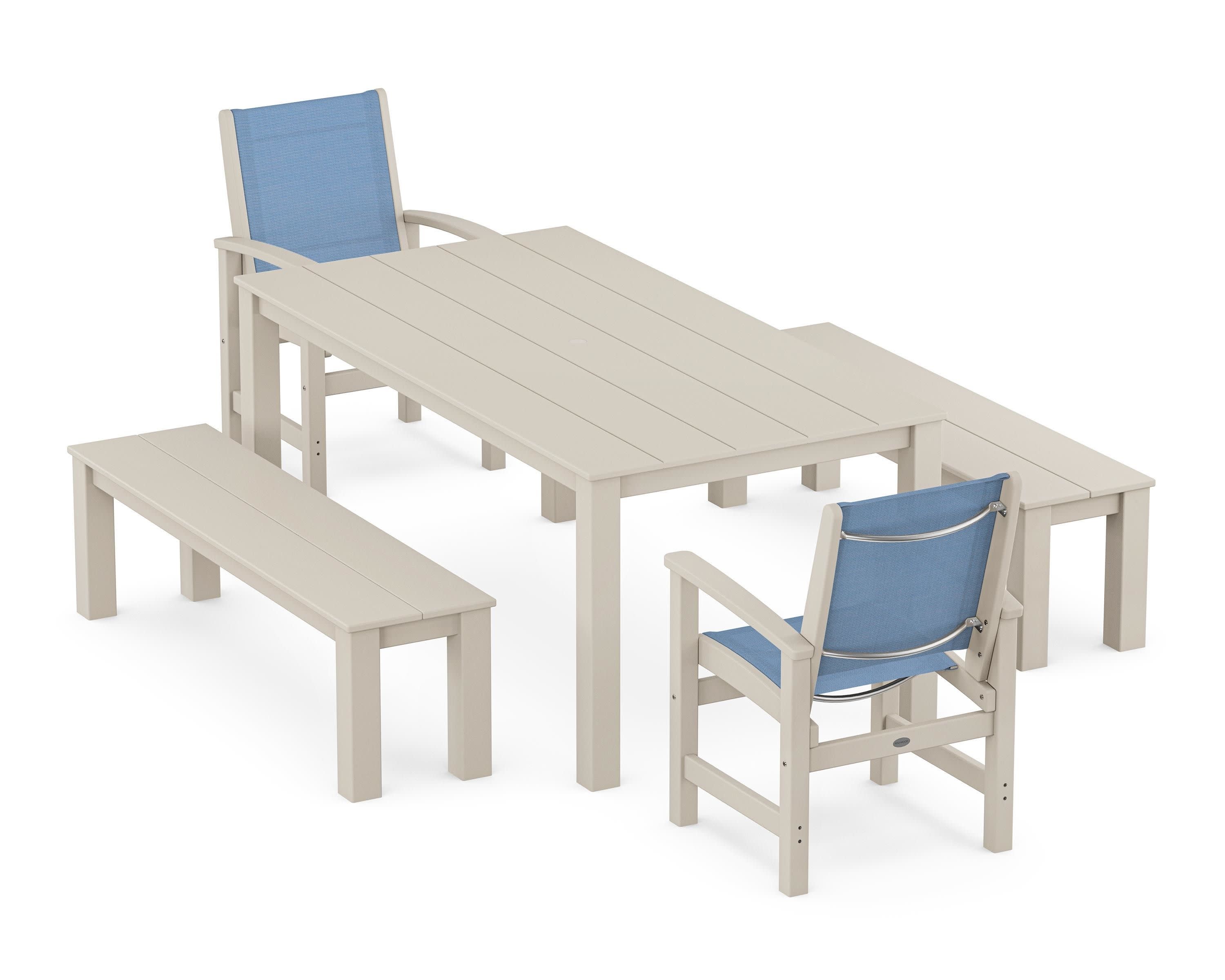Coastal 5-Piece Parsons Dining Set with Benches in Sand / Poolside Sling