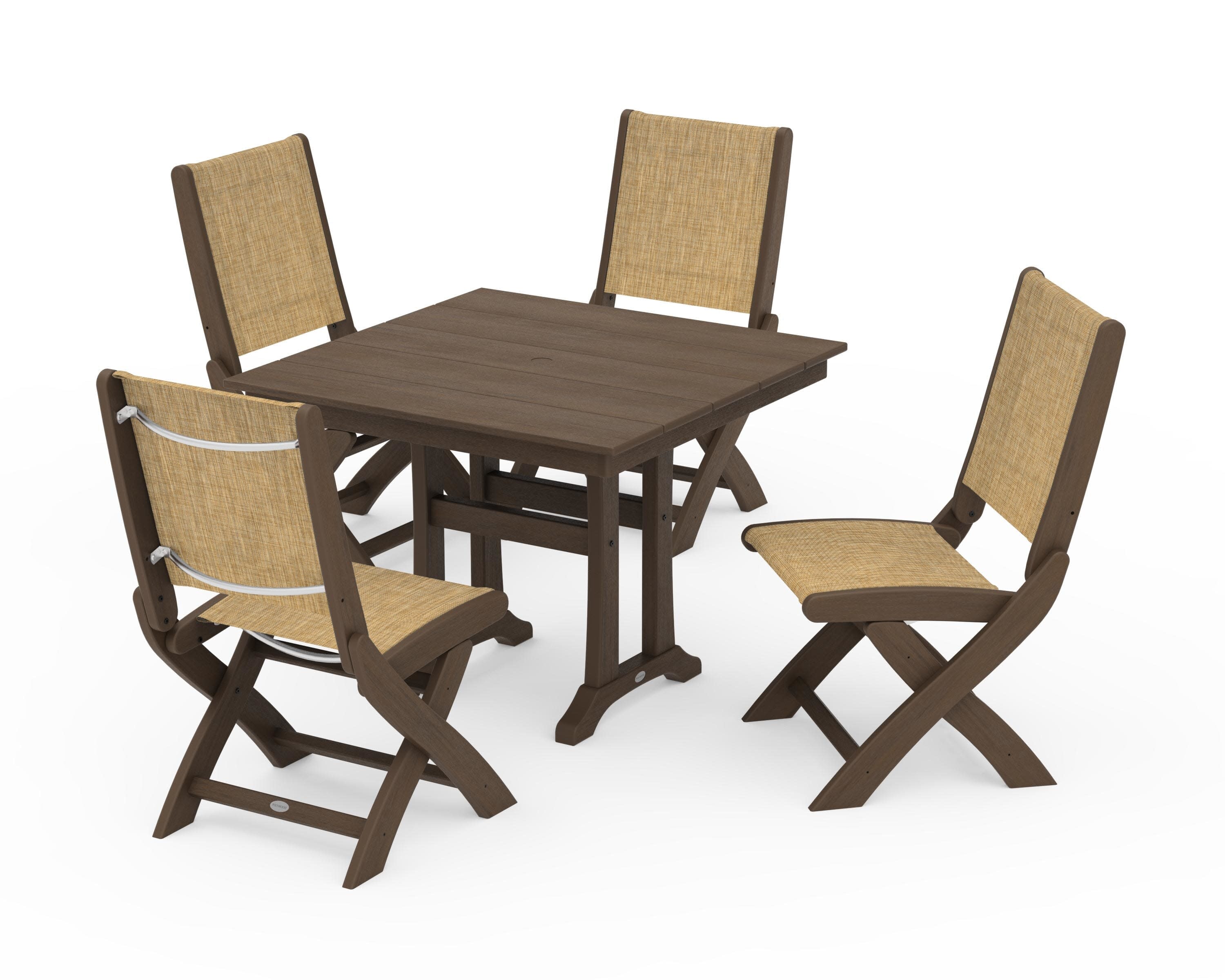 Coastal Folding Side Chair 5-Piece Farmhouse Dining Set With Trestle Legs in Kona / Burlap Sling