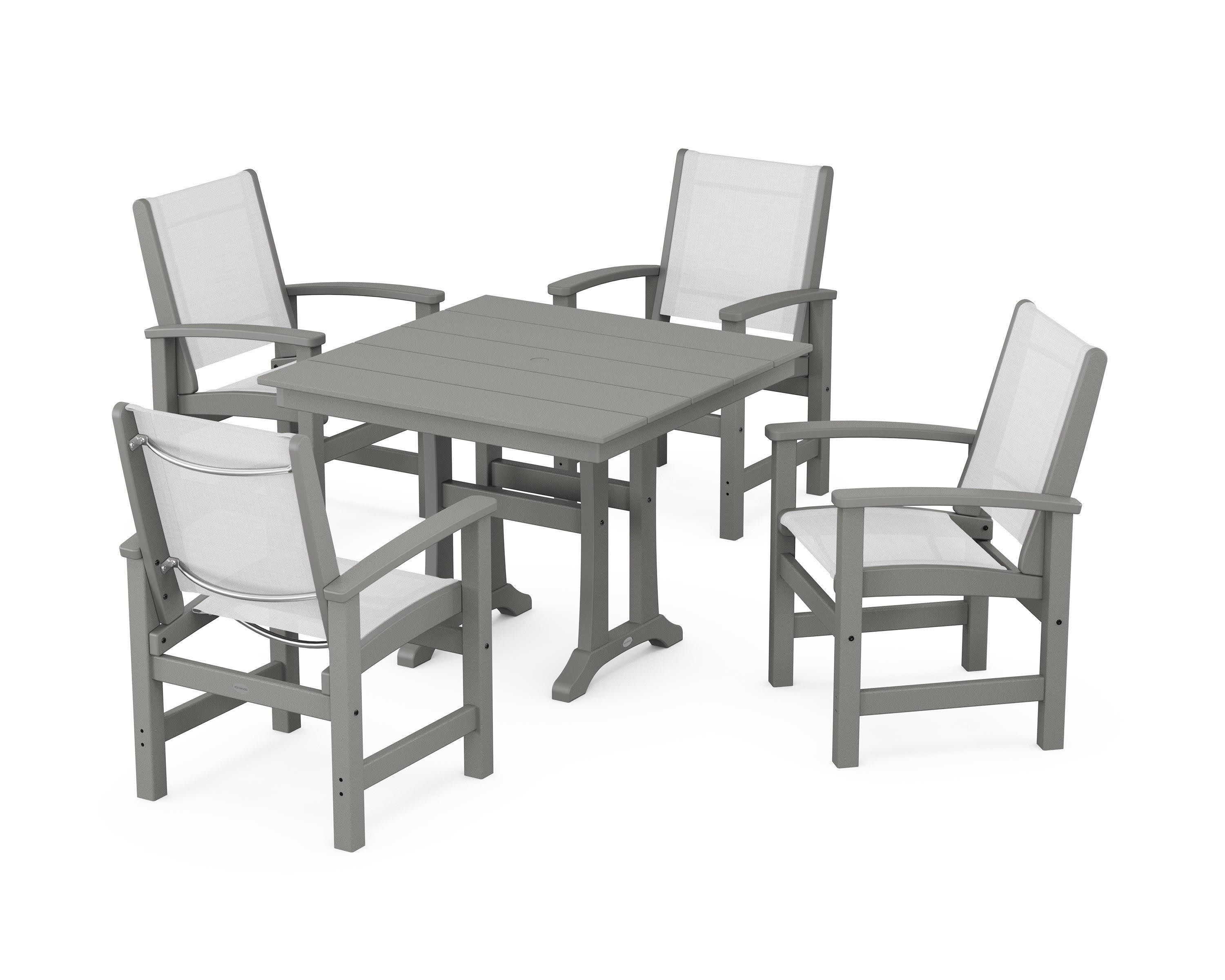 Coastal 5-Piece Farmhouse Dining Set With Trestle Legs in Slate Grey / White Sling