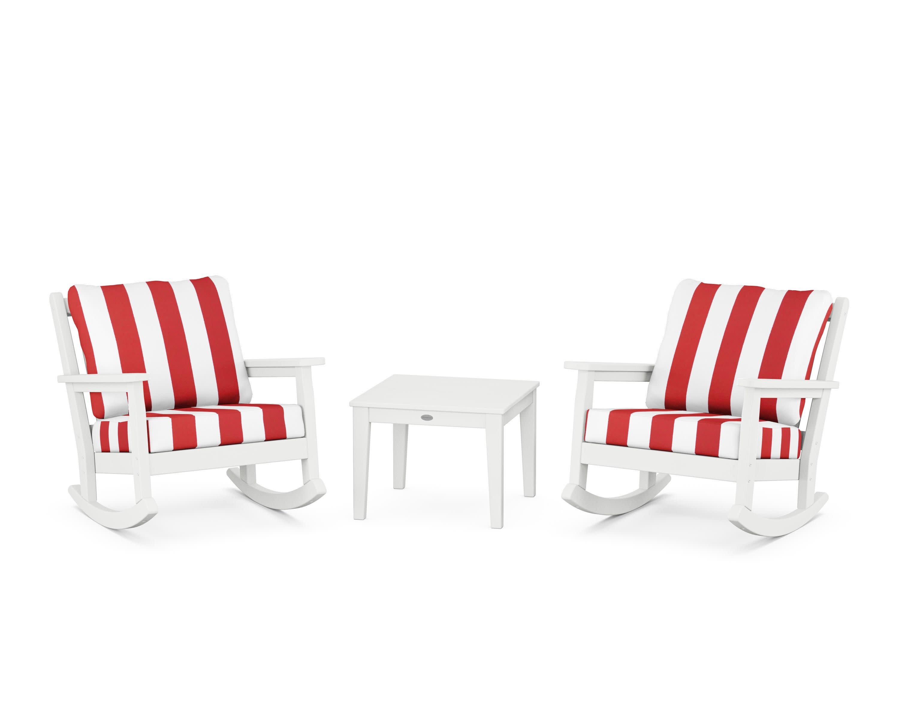 Chippendale 3-Piece Deep Seating Rocker Set in White / Cabana Stripe Crimson