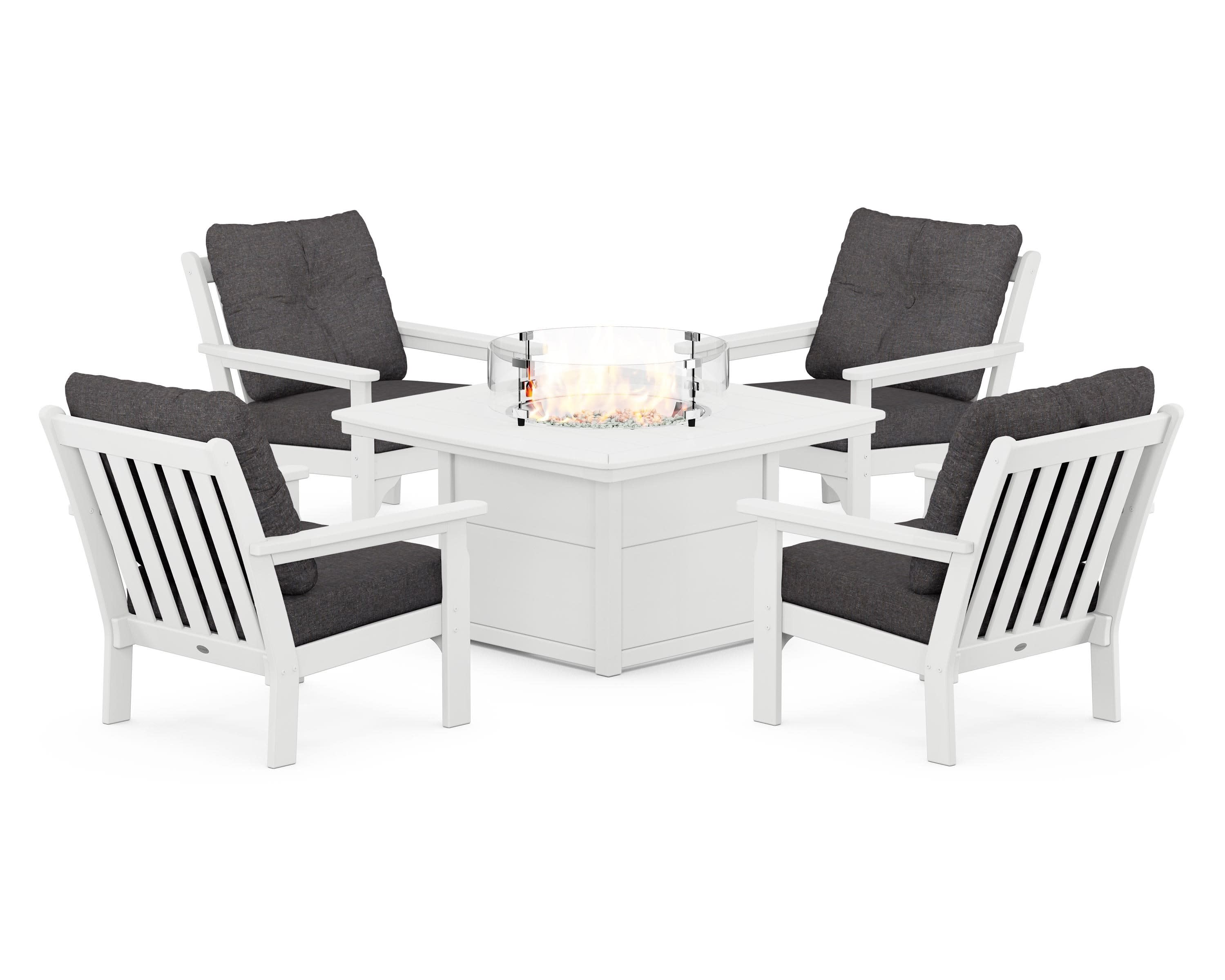 Vineyard 5-Piece Conversation Set with Fire Pit Table in White / Ash Charcoal