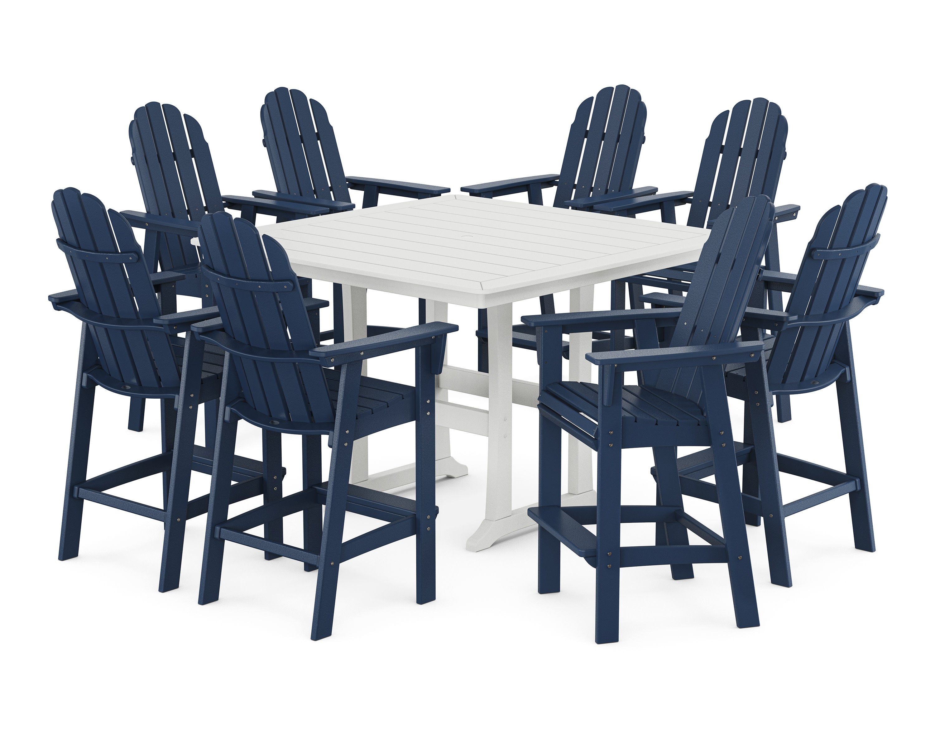 Vineyard Curveback Adirondack 9-Piece Trestle Bar Set in Navy / White