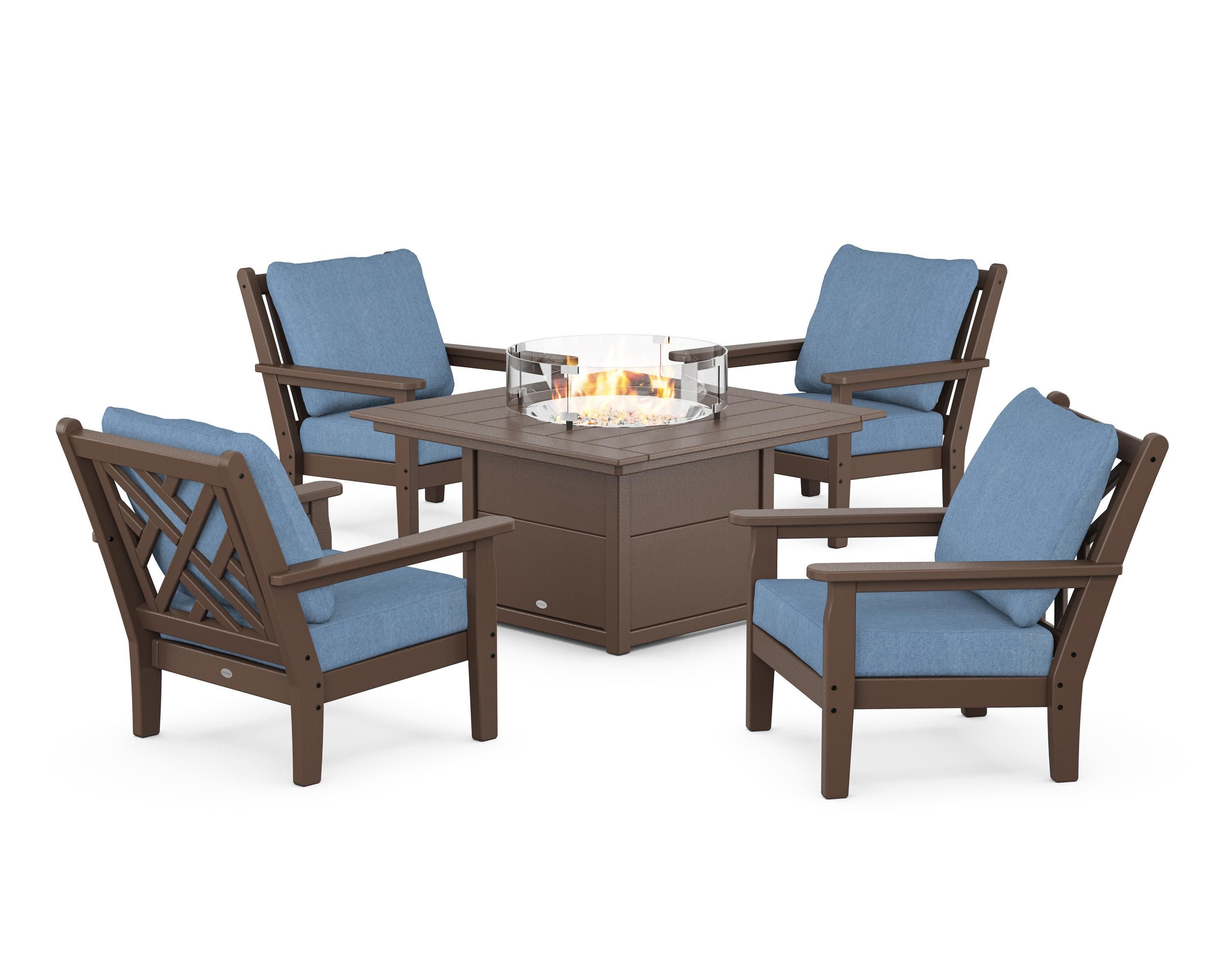 Chippendale 5-Piece Deep Seating Set with Fire Pit Table in Mahogany / Sky Blue