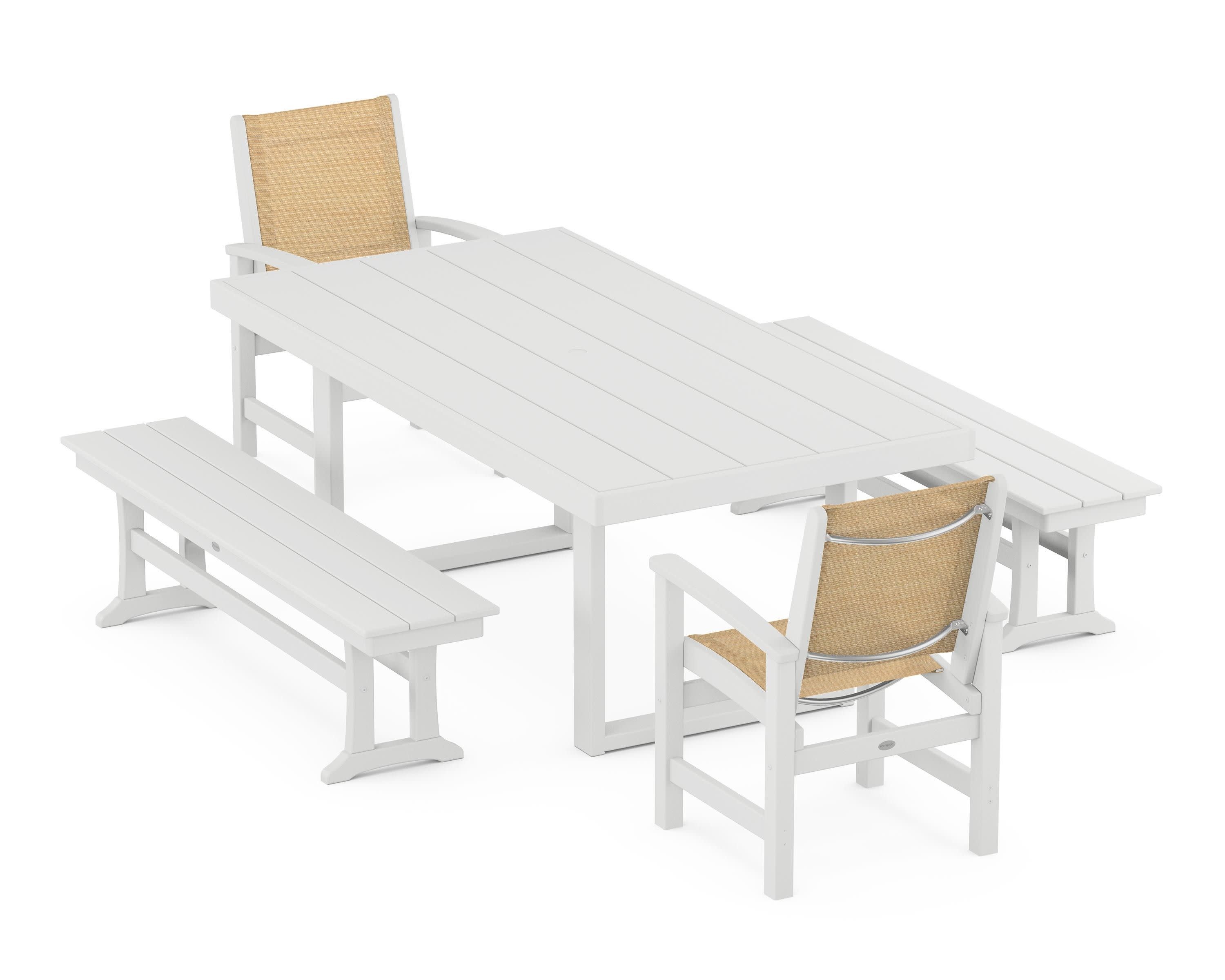 Coastal 5-Piece Dining Set with Trestle Legs in White / Dupioni Apricot Sling