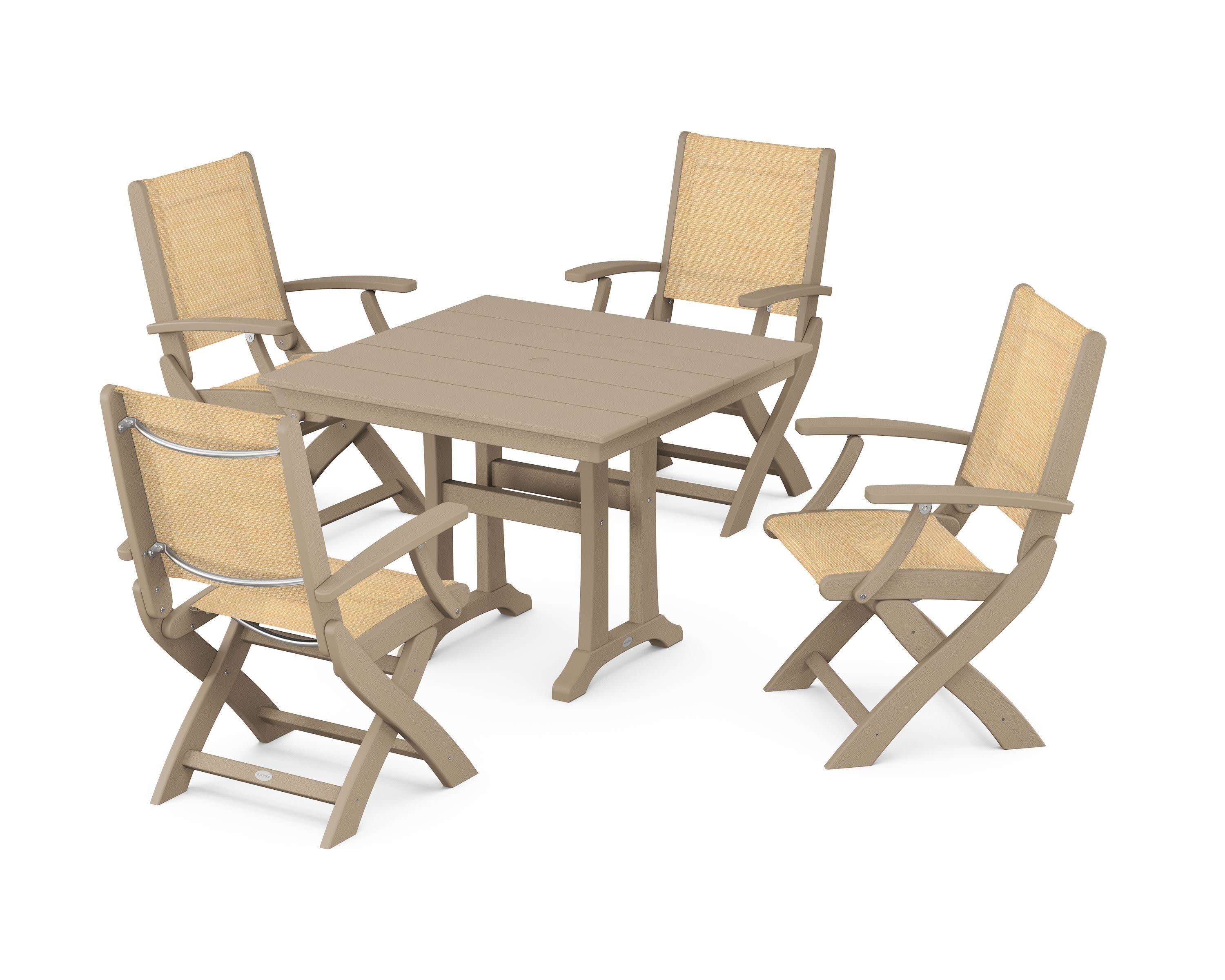 Coastal Folding Chair 5-Piece Farmhouse Dining Set With Trestle Legs in Vintage Sahara / Dupioni Apricot Sling