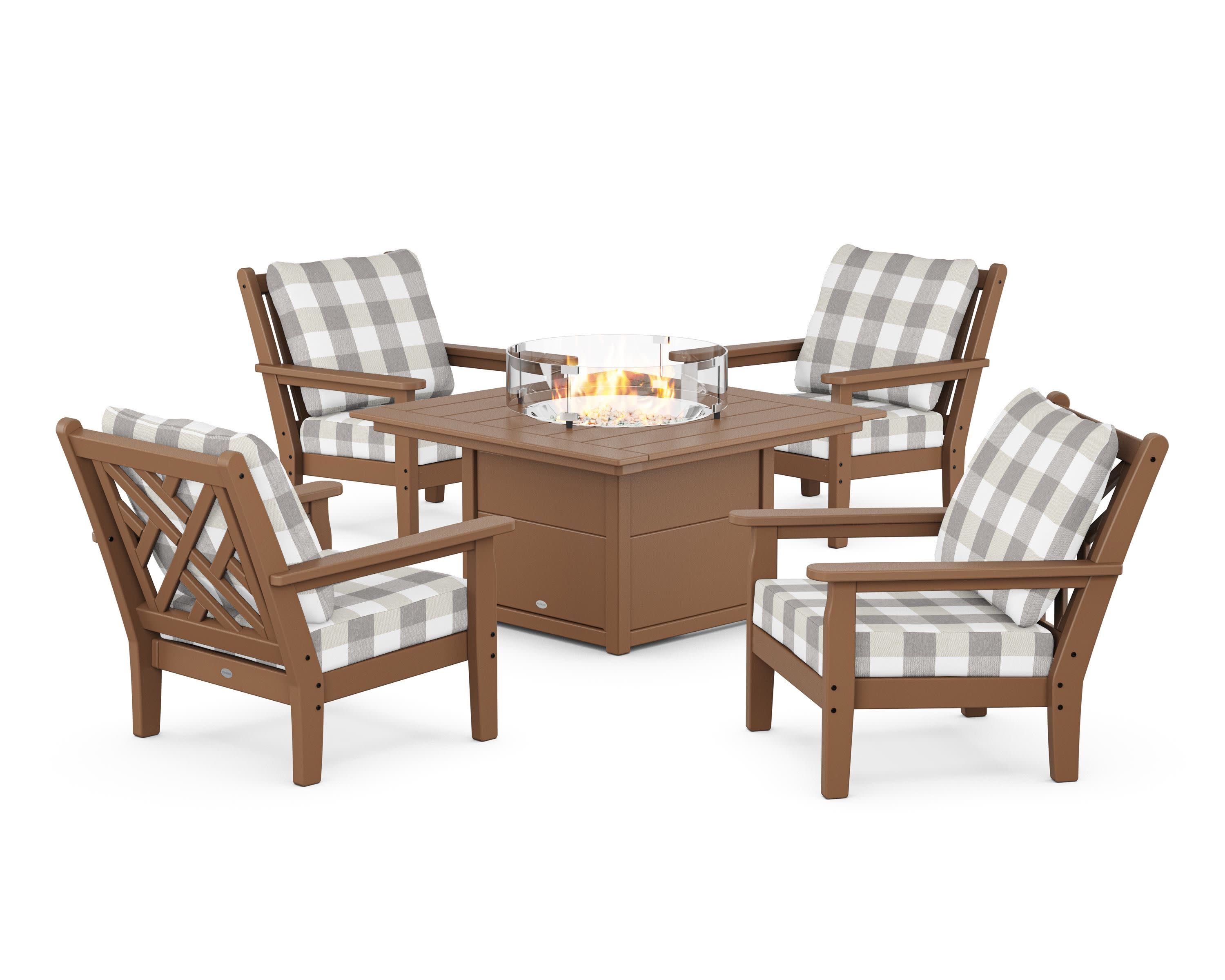Chippendale 5-Piece Deep Seating Set with Fire Pit Table in Teak / Buffalo Plaid Grey Mist