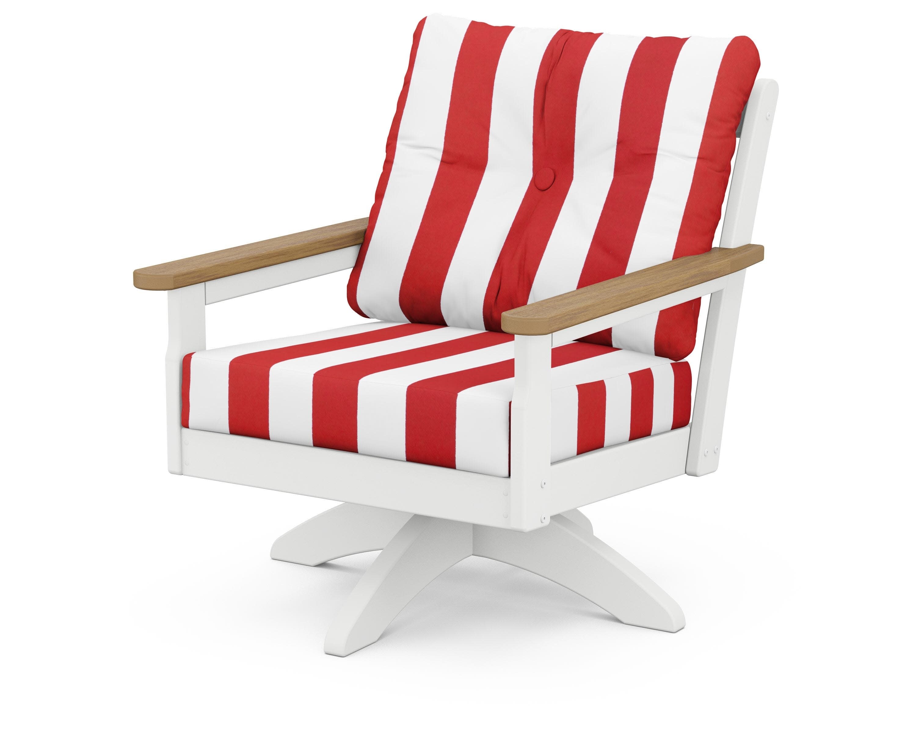 Vineyard Deep Seating Swivel Chair in White / Natural / Cabana Stripe Crimson