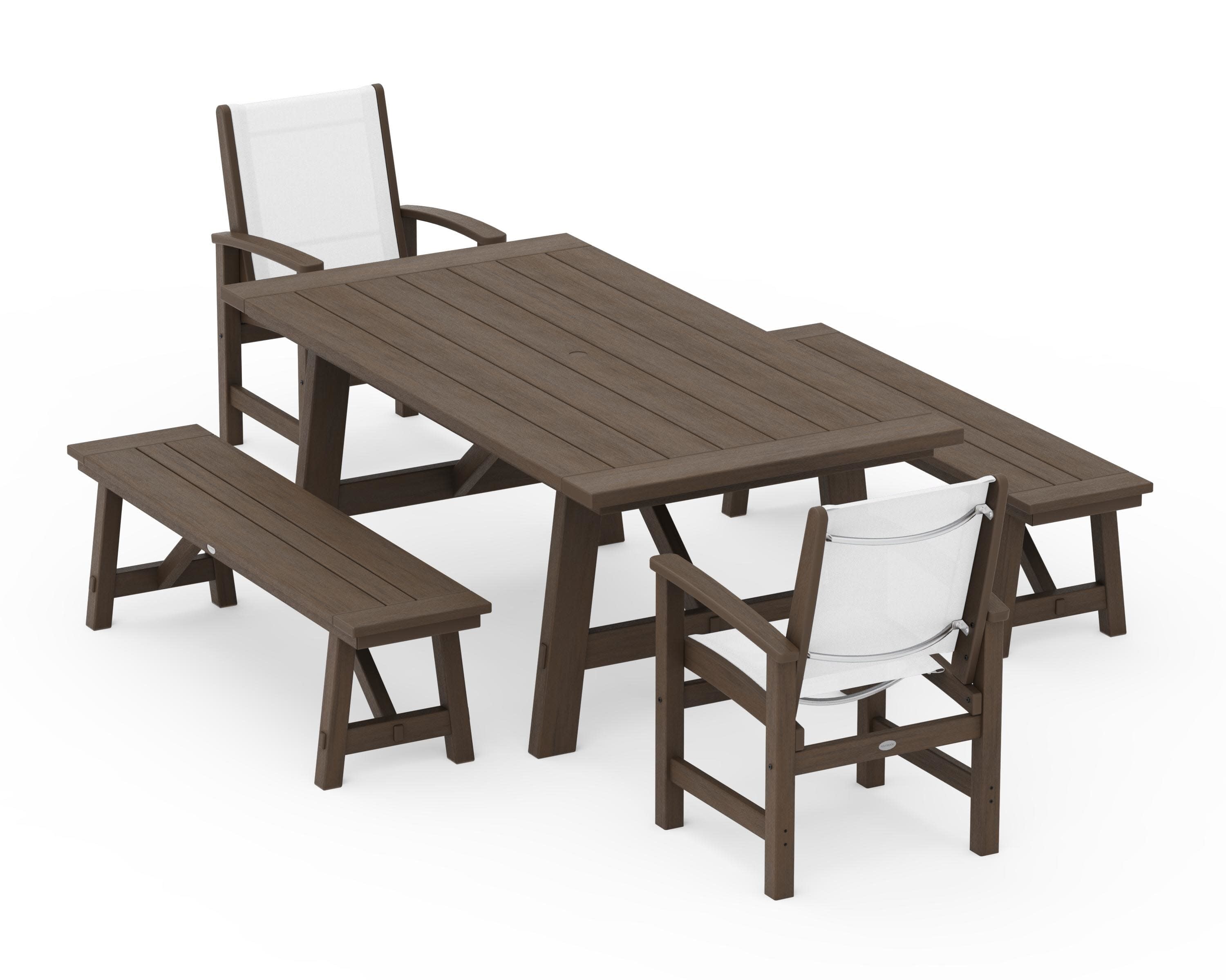 Coastal 5-Piece Rustic Farmhouse Dining Set With Benches in Kona / White Sling
