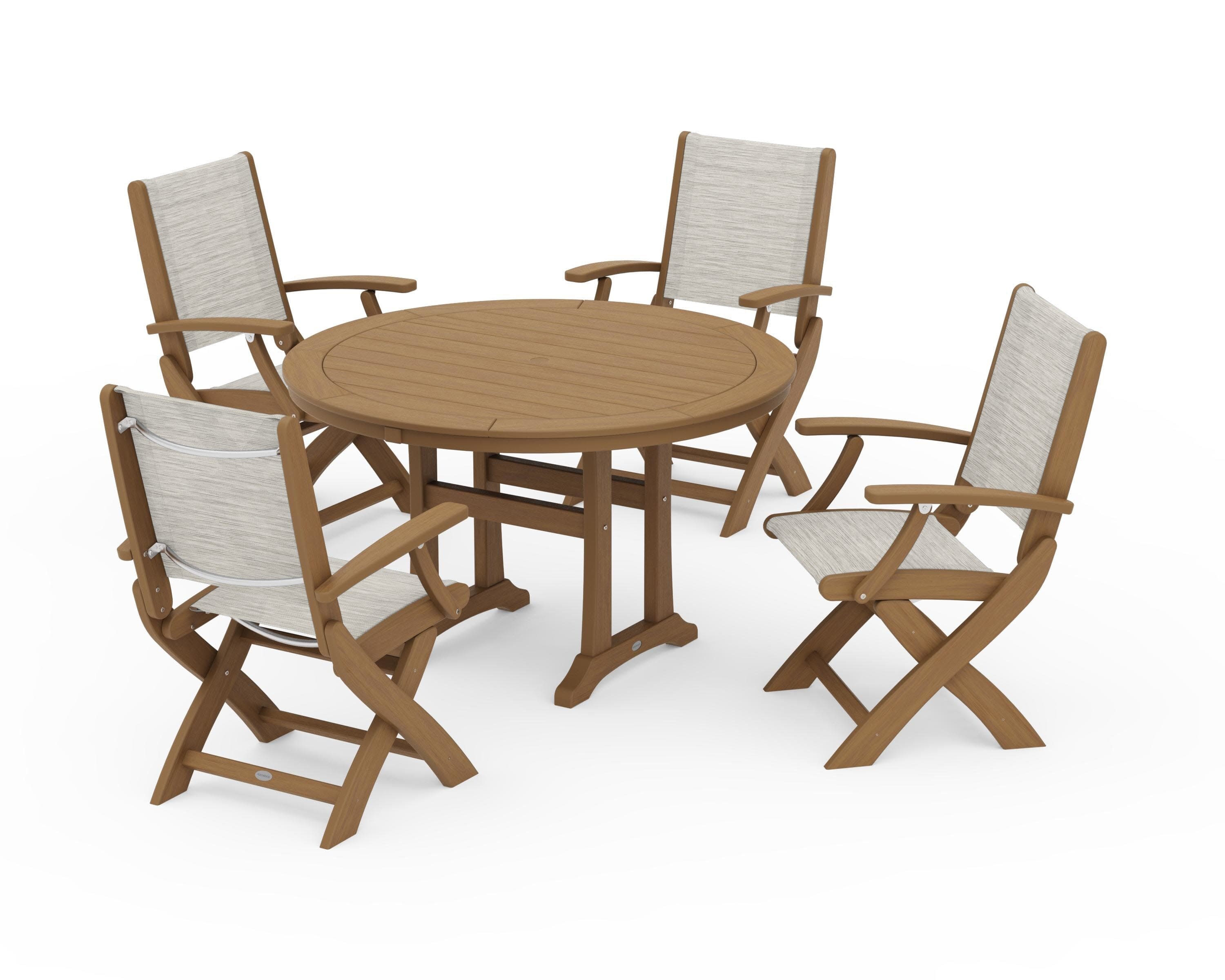 Coastal Folding Chair 5-Piece Round Dining Set with Trestle Legs in Natural / Birch Sling