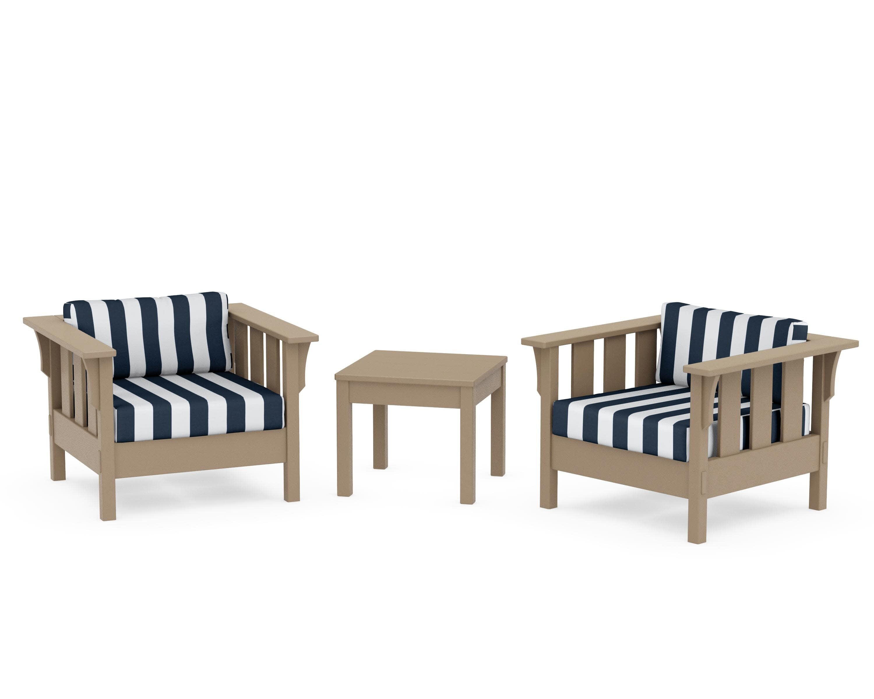 Acadia 3-Piece Deep Seating Set in Vintage Sahara / Cabana Stripe Marine Indigo