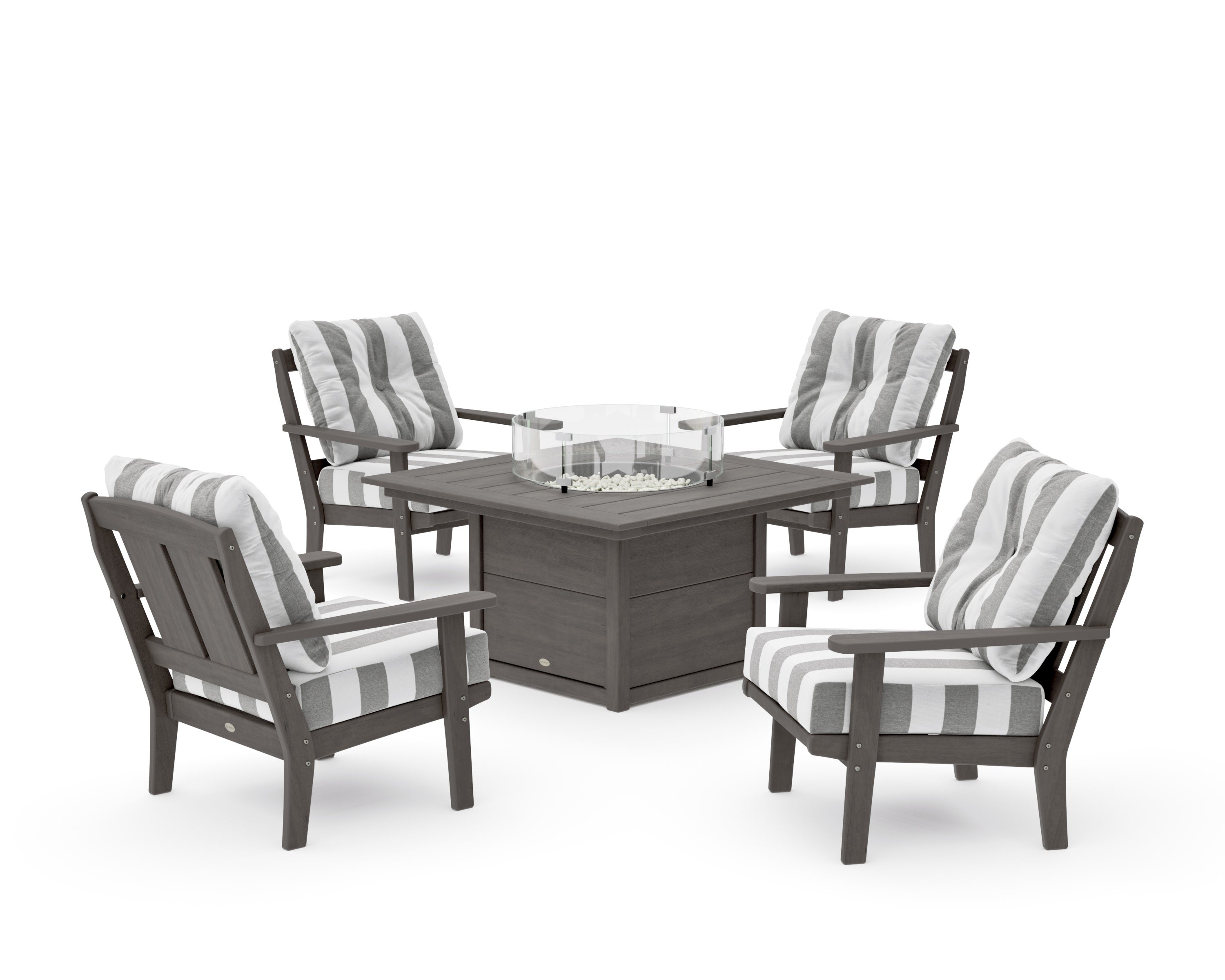Mission 5-Piece Deep Seating Set with Fire Pit Table in Driftwood / Cabana Stripe Grey Mist