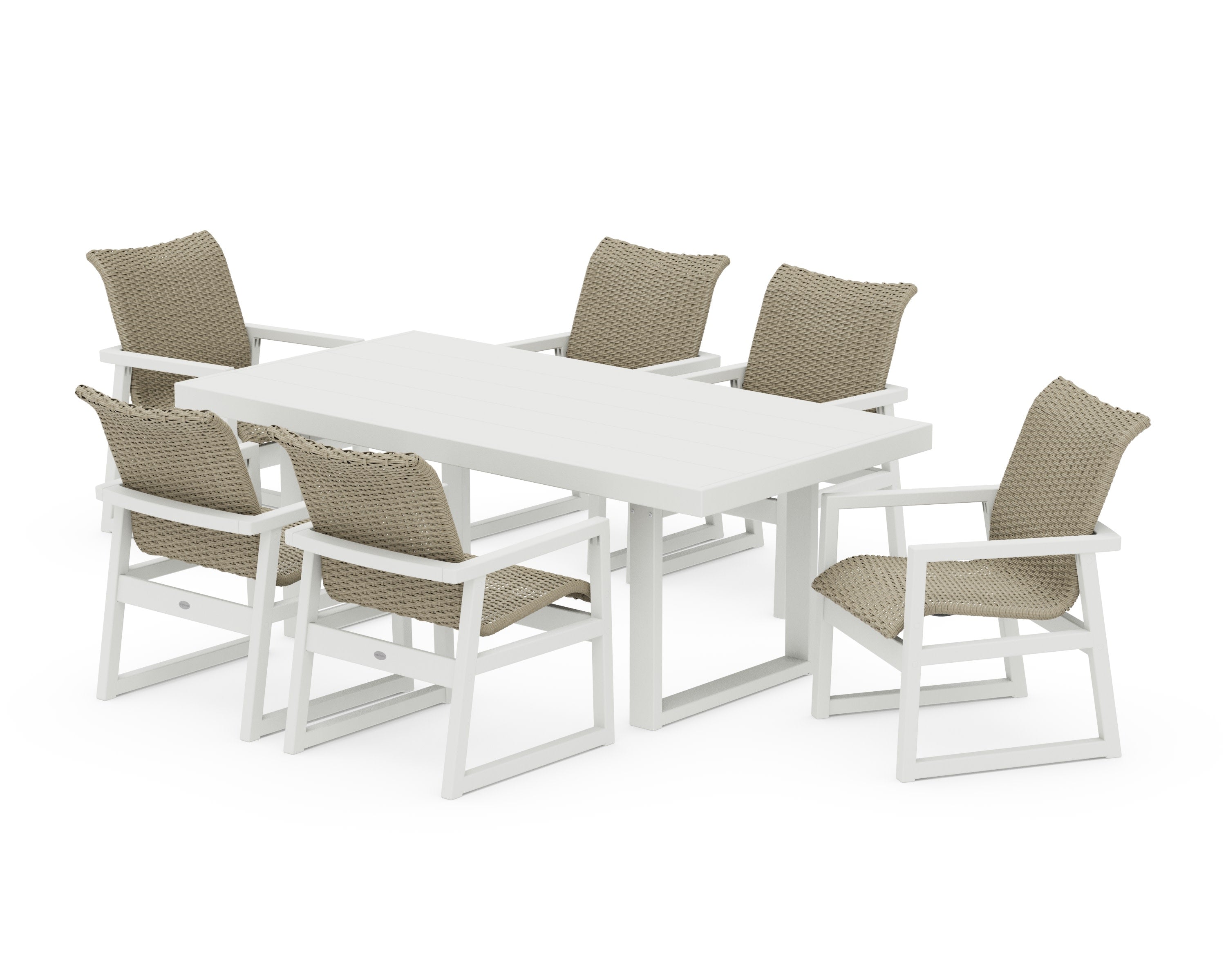 EDGE Woven Arm Chair 7-Piece Dining Set in Vintage White / Dune Grass