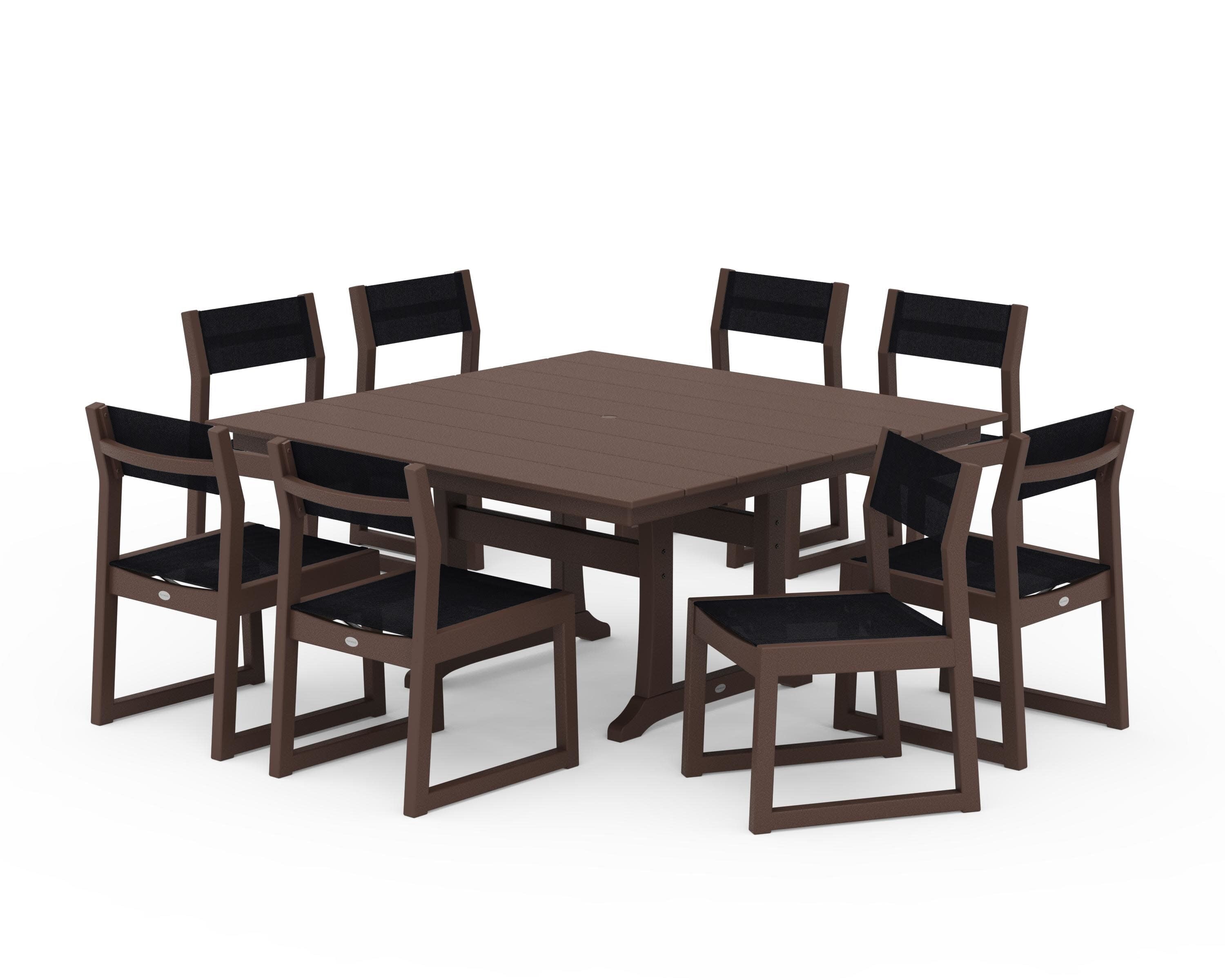 EDGE Sling Side Chair 9-Piece Farmhouse Trestle Dining Set in Mahogany / Black Sling
