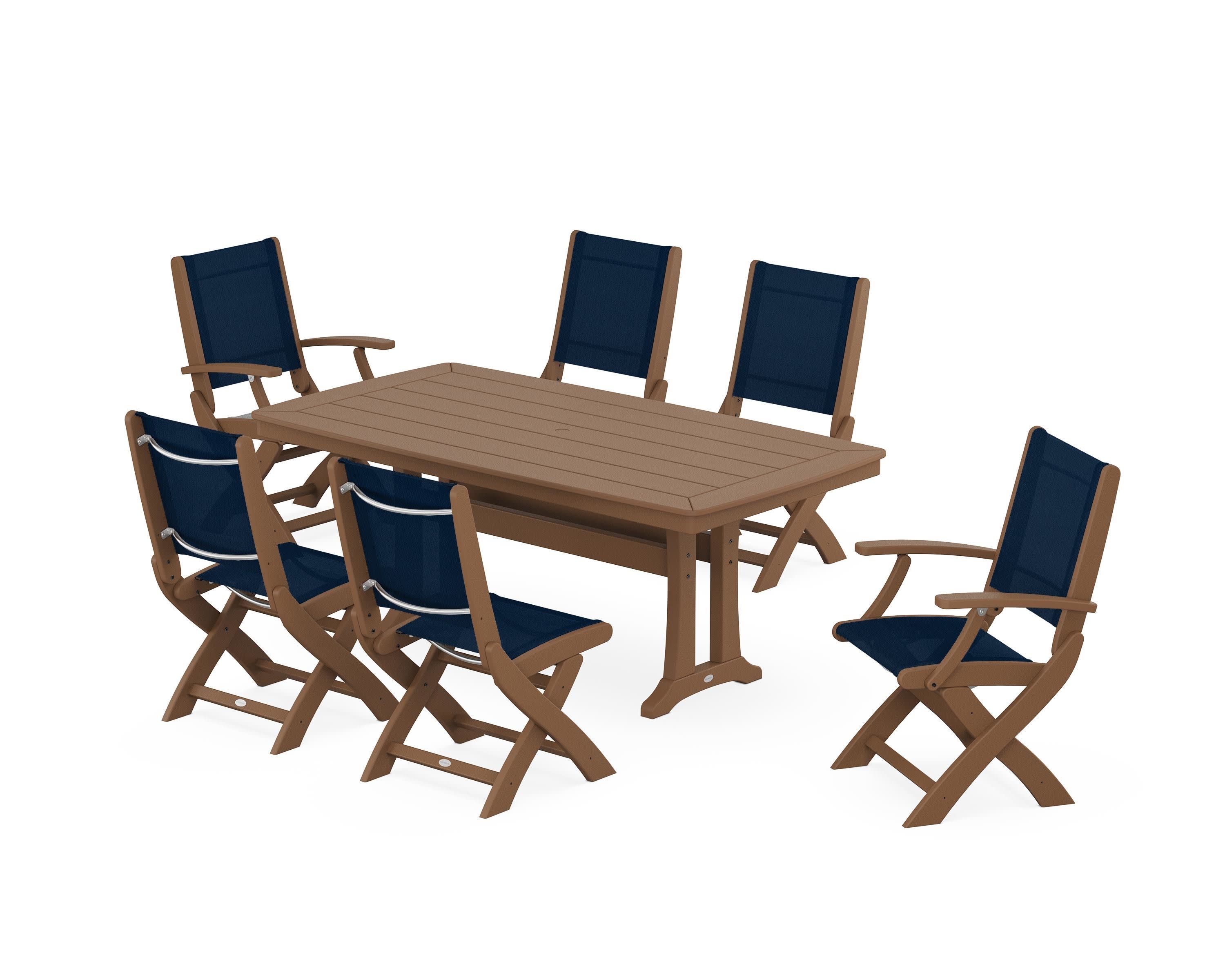 Coastal Folding Chair 7-Piece Dining Set with Trestle Legs in Teak / Navy Blue Sling