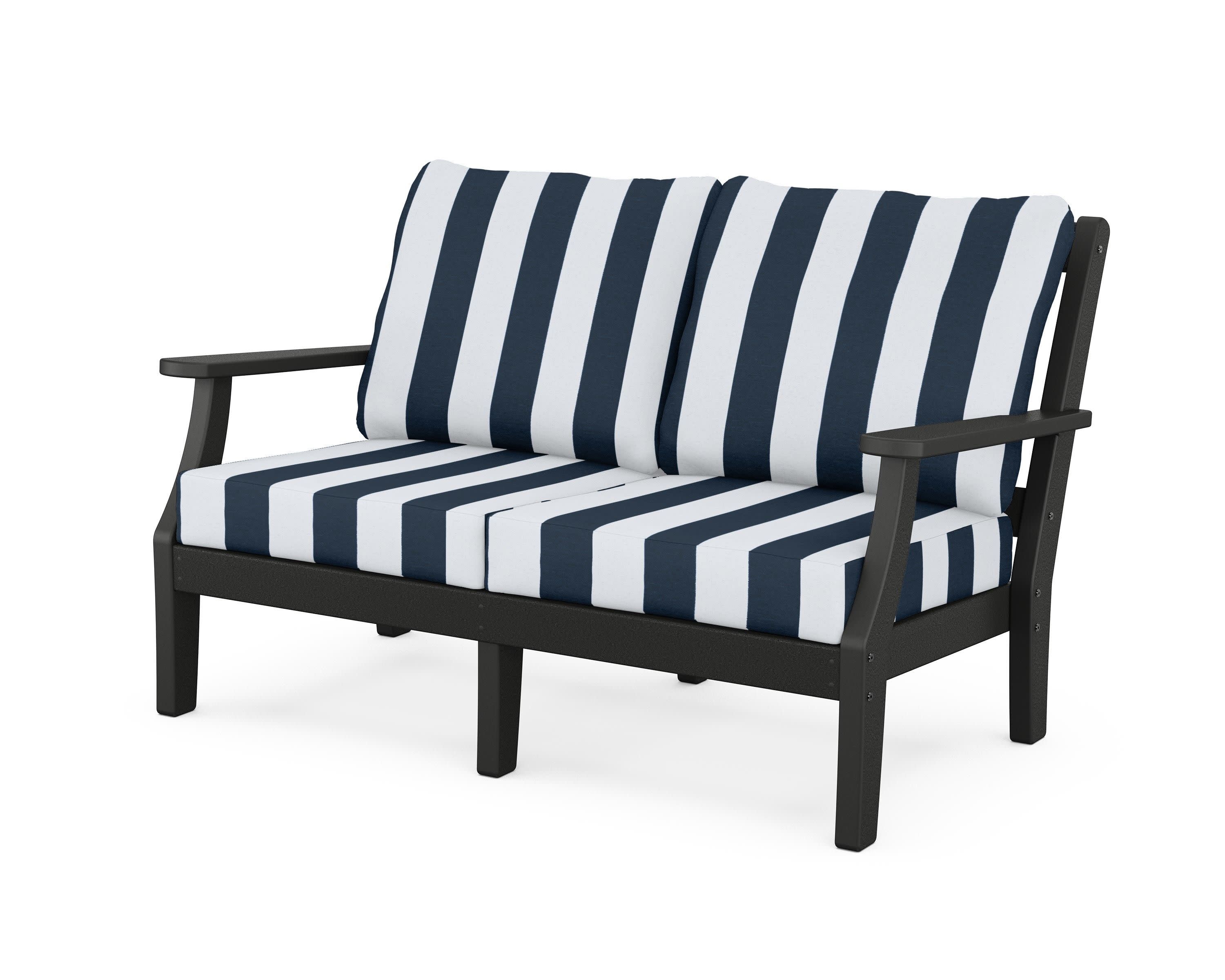Chinoiserie Deep Seating Loveseat in Black / Cabana Stripe Marine Indigo