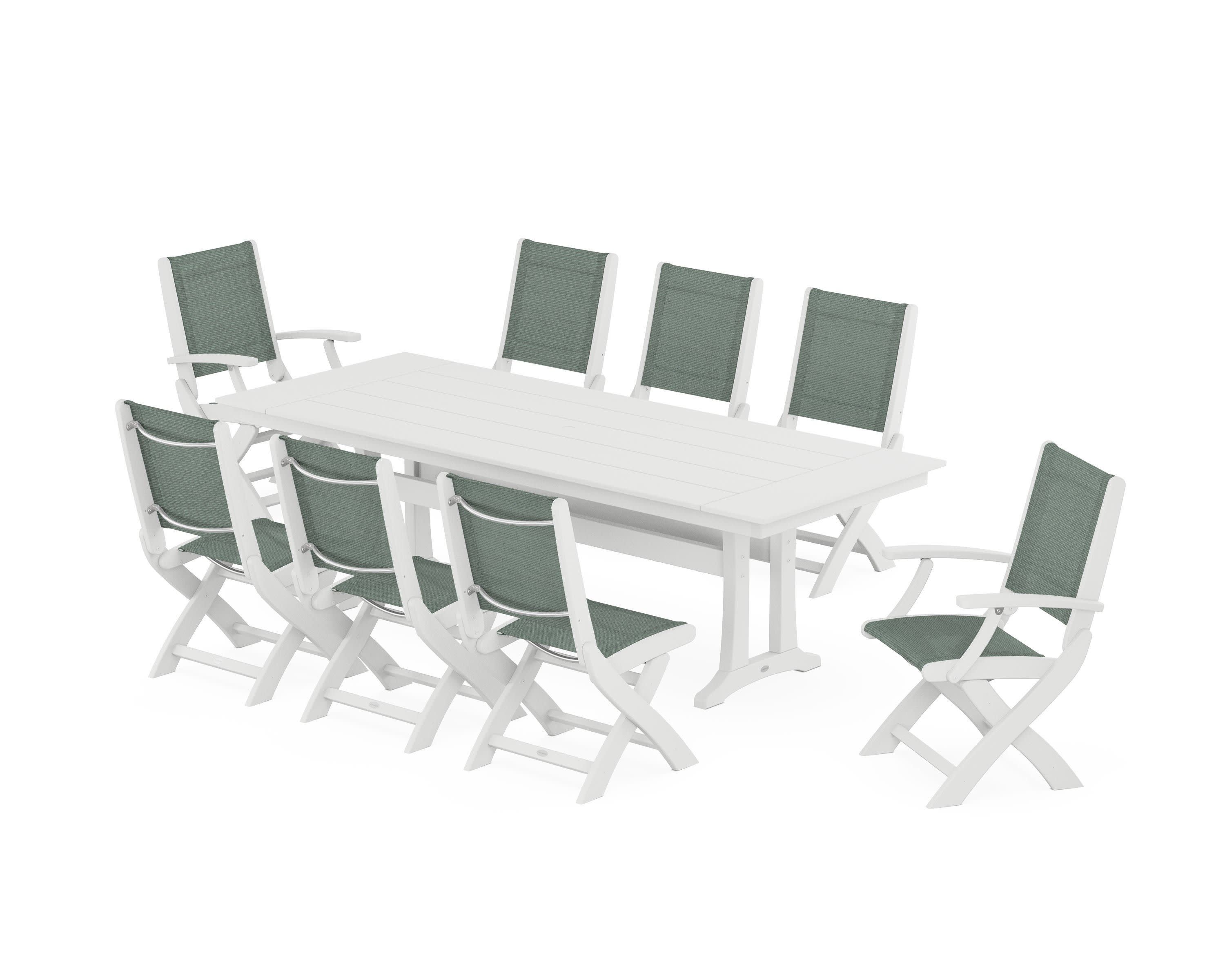 Coastal 9-Piece Folding Dining Chair Farmhouse Dining Set with Trestle Legs in White / Dupioni Sea Mist Sling
