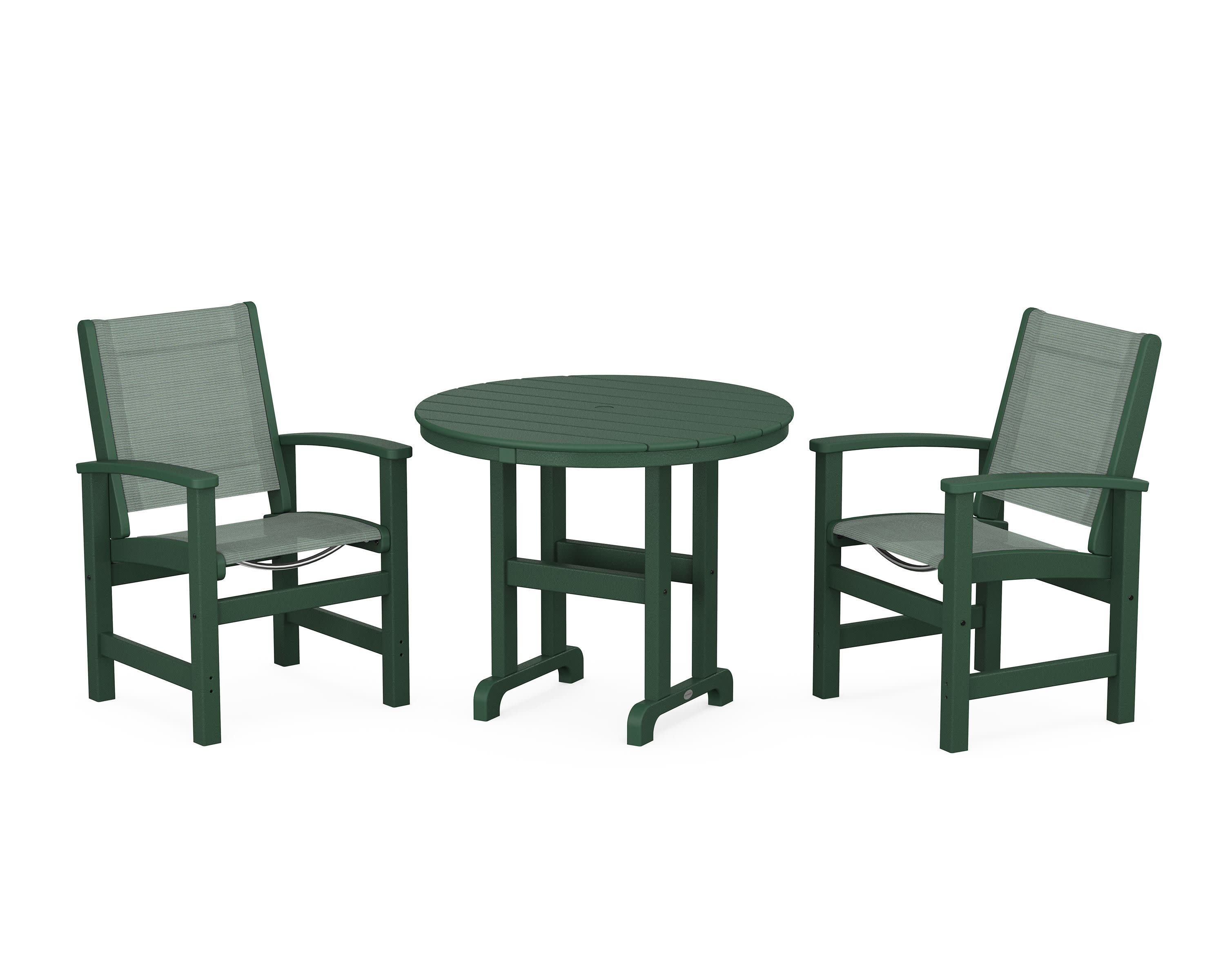 Coastal 3-Piece Round Dining Set in Green / Dupioni Sea Mist Sling
