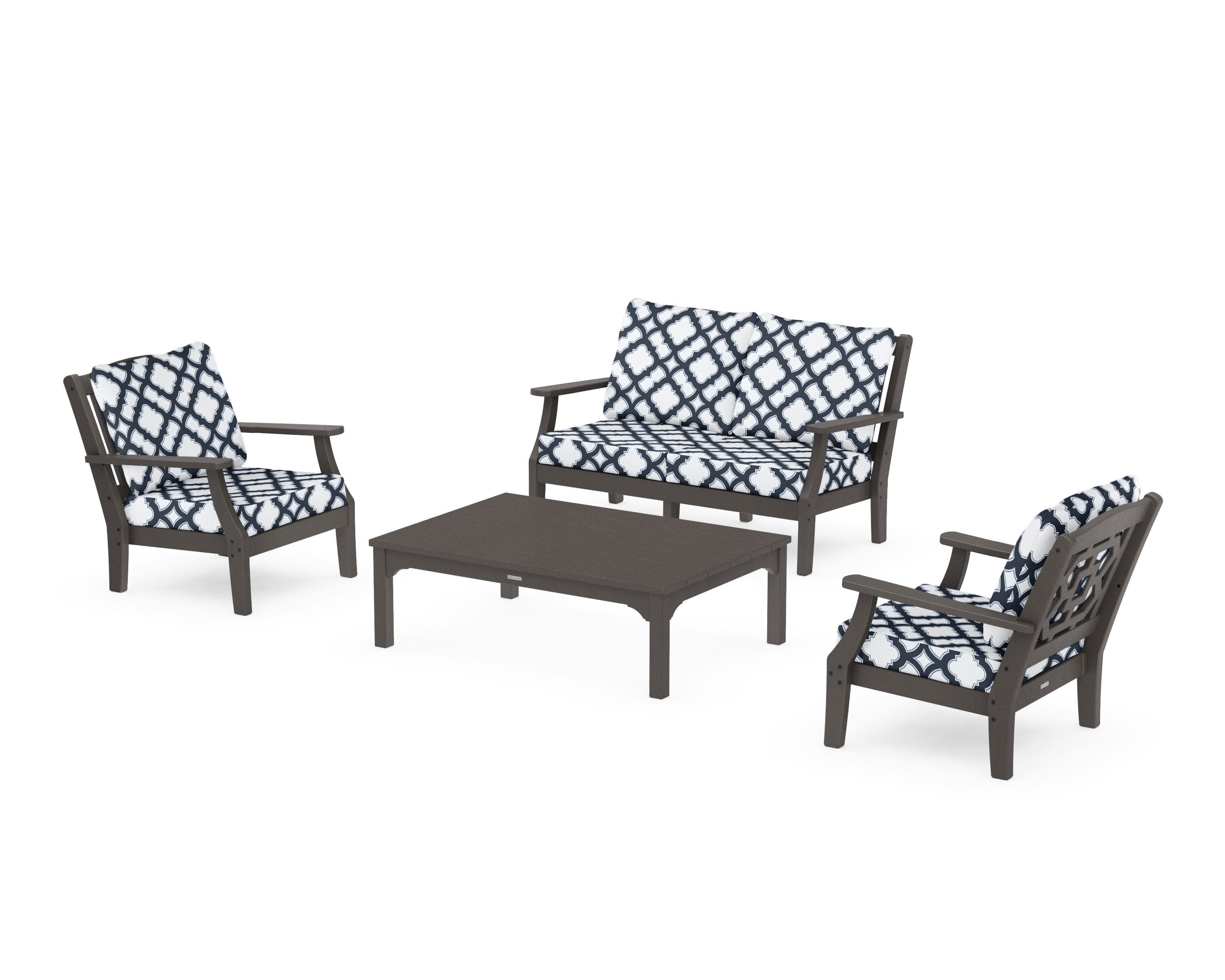 Chinoiserie 4-Piece Deep Seating Set with Loveseat in Vintage Coffee / Trellis Marine Indigo