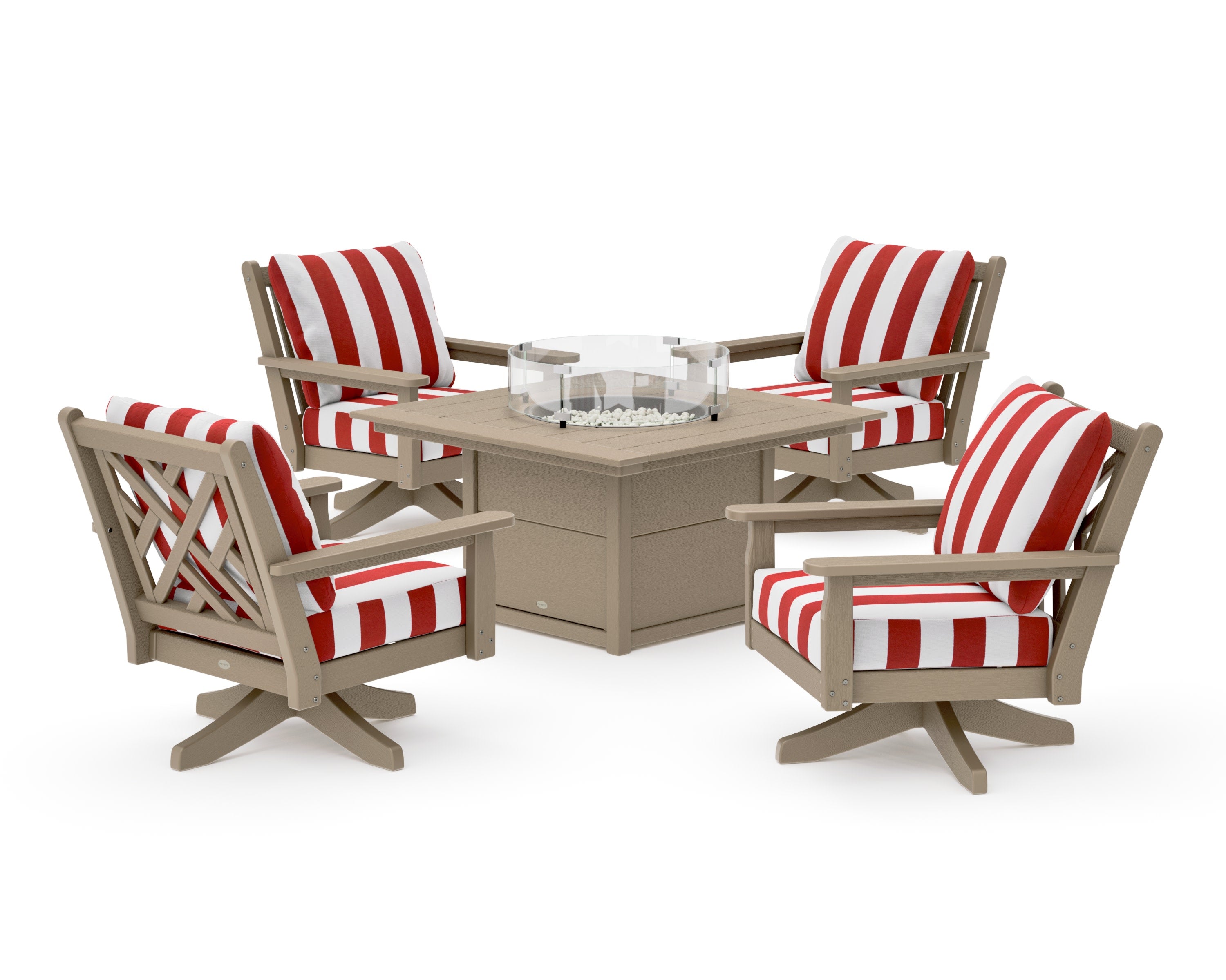 Chippendale 5-Piece Deep Seating Swivel Conversation Set with Fire Pit Table in Vintage Sahara / Cabana Stripe Crimson
