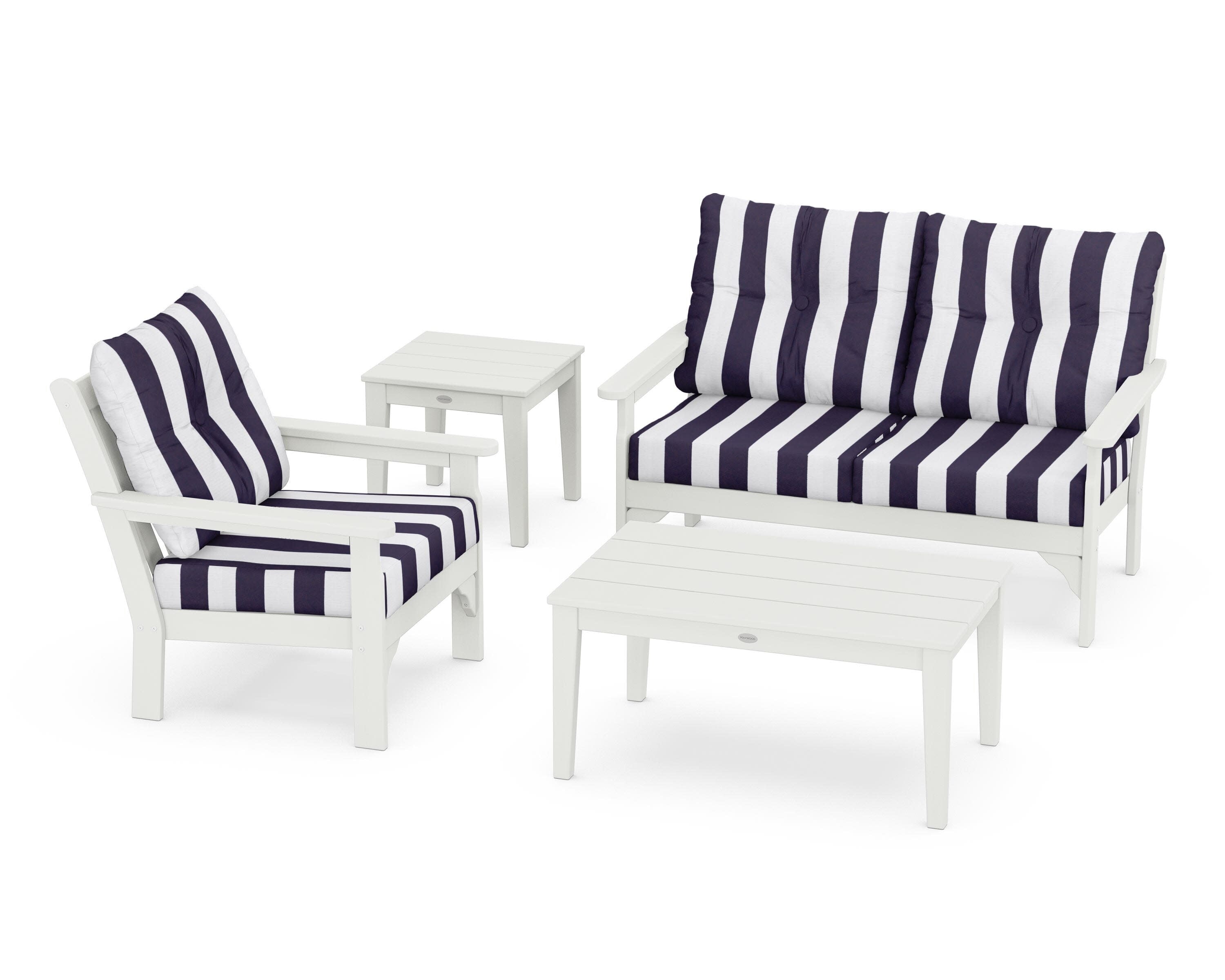 Vineyard 4-Piece Deep Seating Set in Vintage White / Cabana Stripe Navy