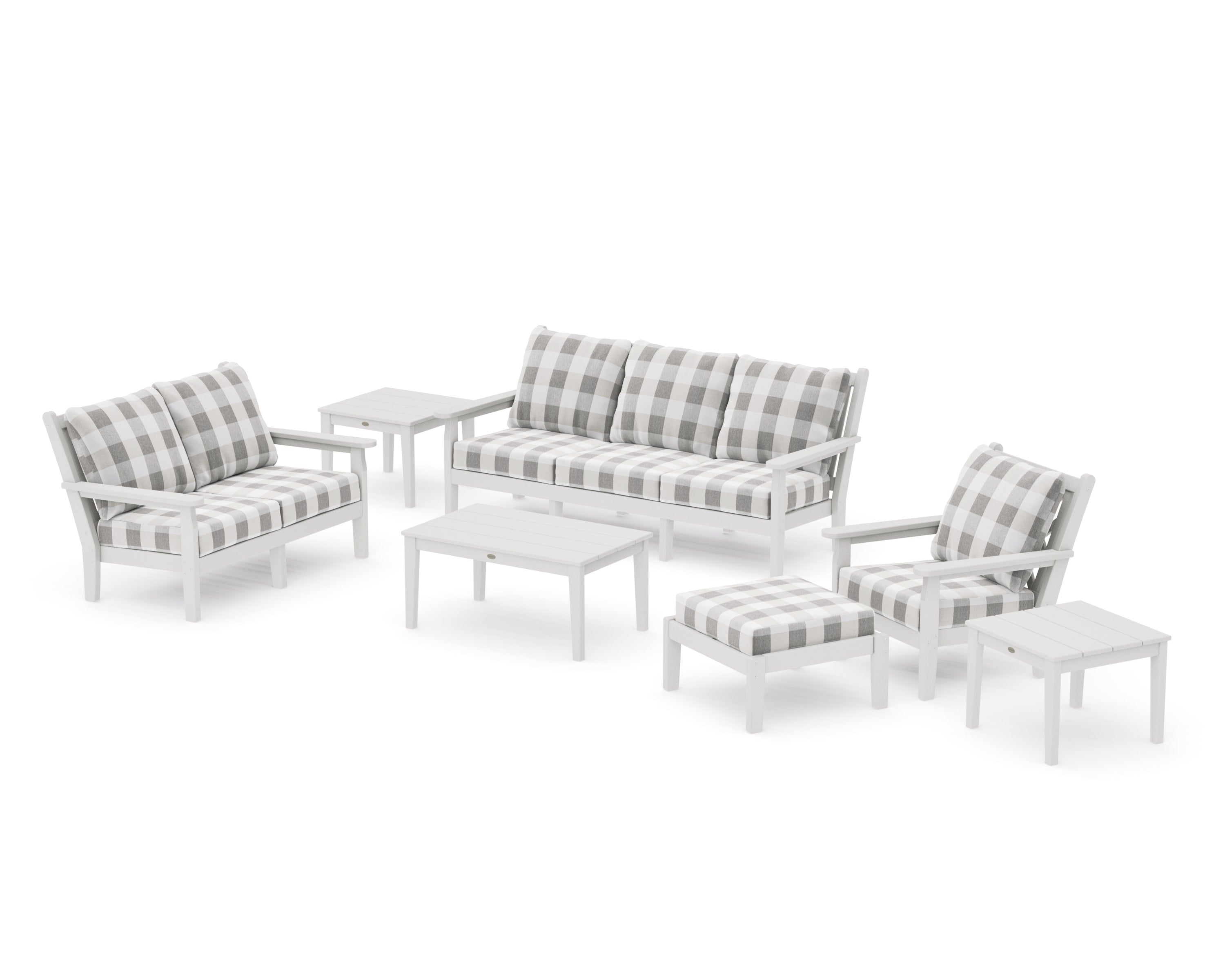 Chippendale 7-Piece Deep Seating Set in Vintage White / Buffalo Plaid Grey Mist