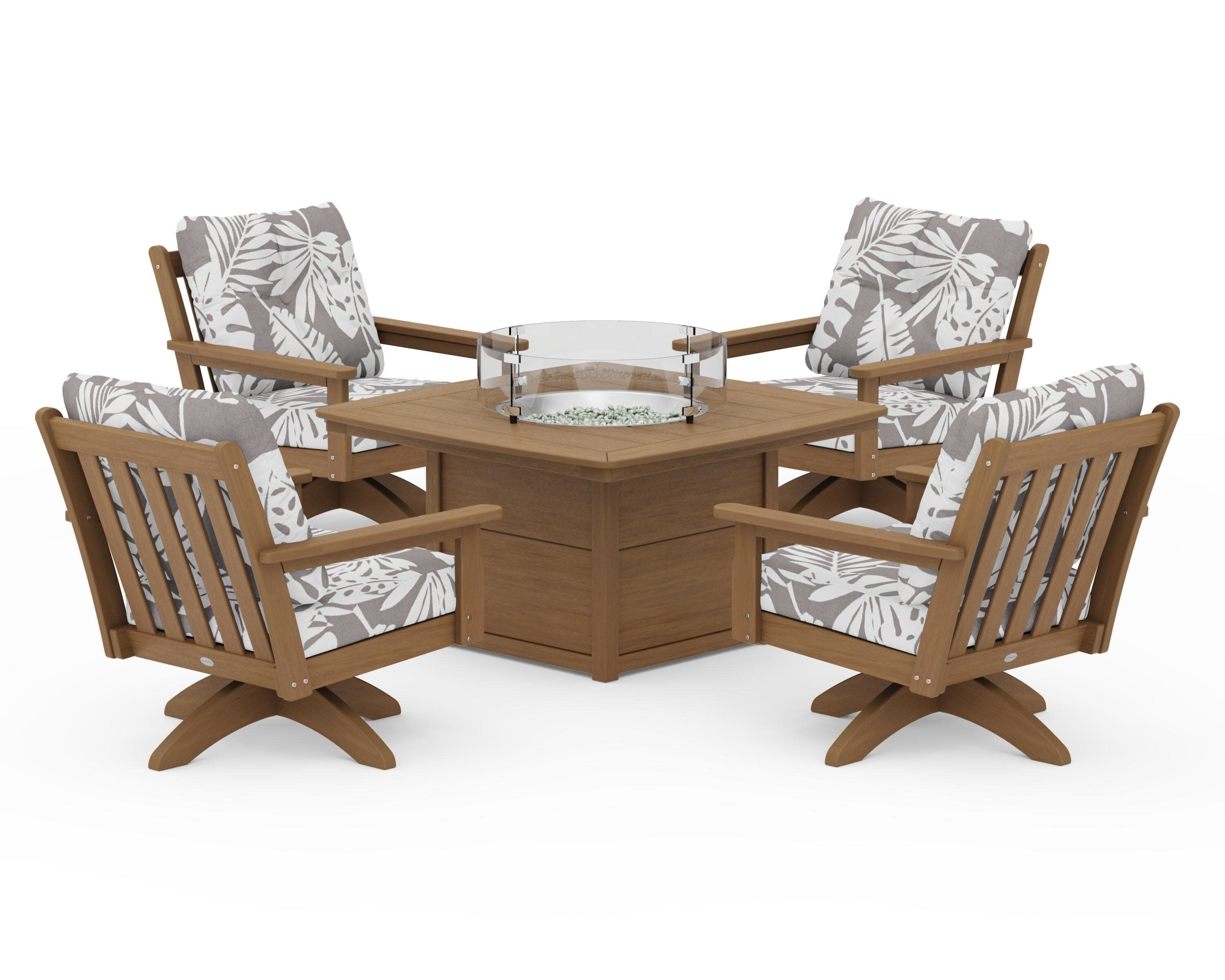 Vineyard 5-Piece Deep Seating Swivel Conversation Set with Fire Pit Table in Natural / Leaf Grey Mist