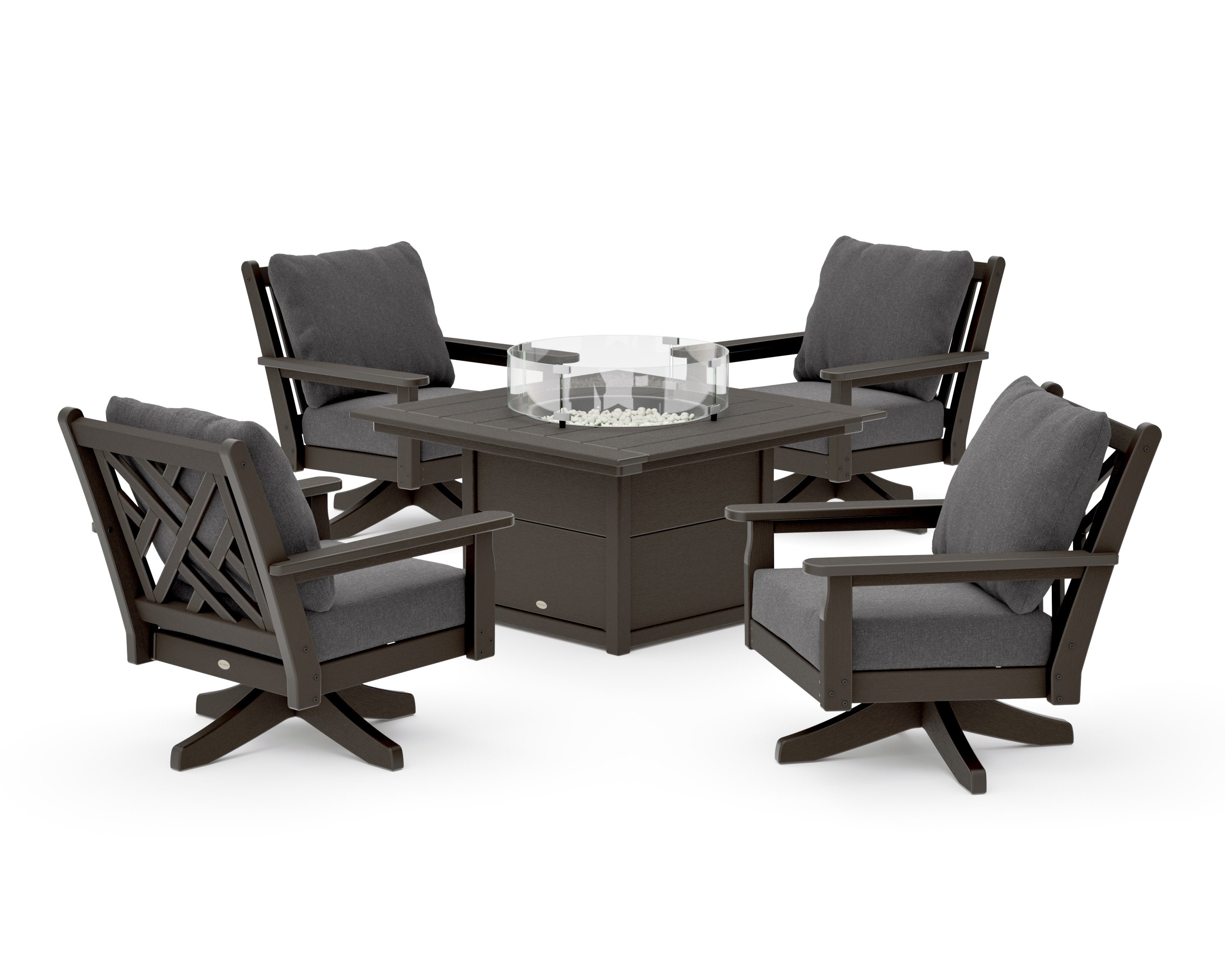 Chippendale 5-Piece Deep Seating Swivel Conversation Set with Fire Pit Table in Vintage Coffee / Ash Charcoal