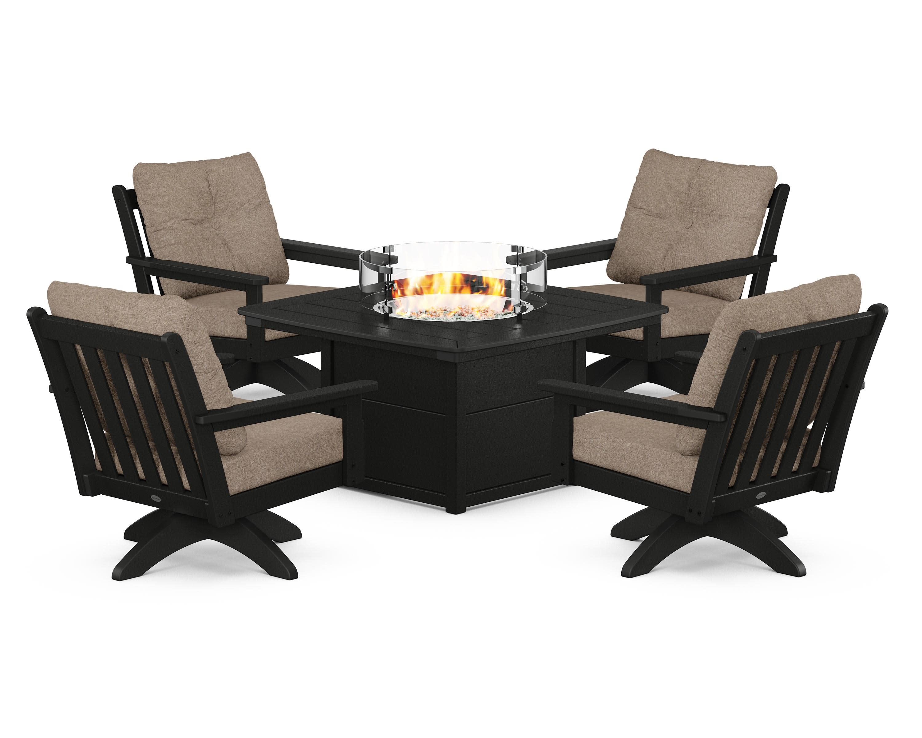 Vineyard 5-Piece Deep Seating Swivel Conversation Set with Fire Pit Table in Black / Spiced Burlap