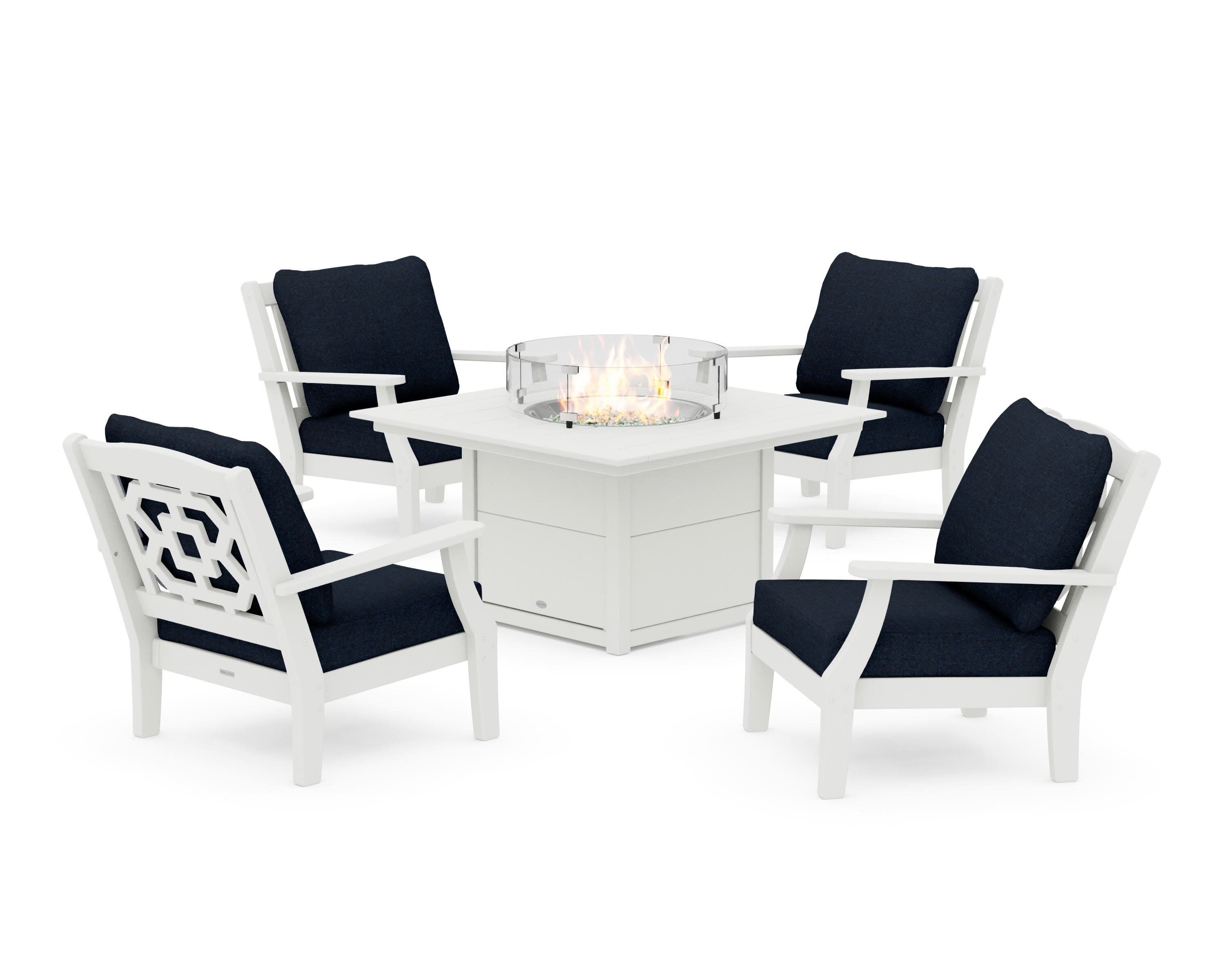 Chinoiserie 5-Piece Deep Seating Set with Fire Pit Table in Vintage White / Marine Indigo