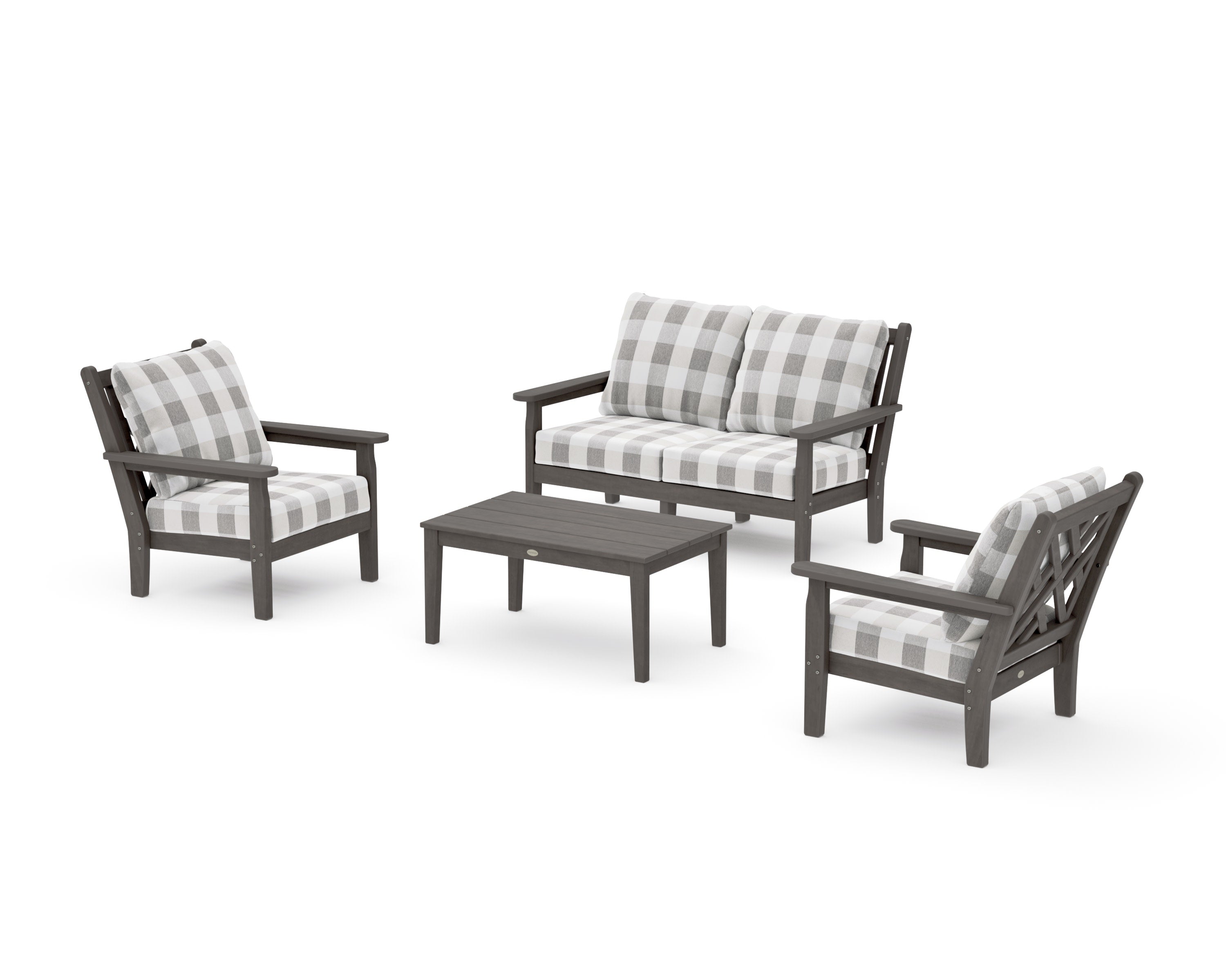 Chippendale 4-Piece Deep Seating Set with Loveseat in Driftwood / Buffalo Plaid Grey Mist