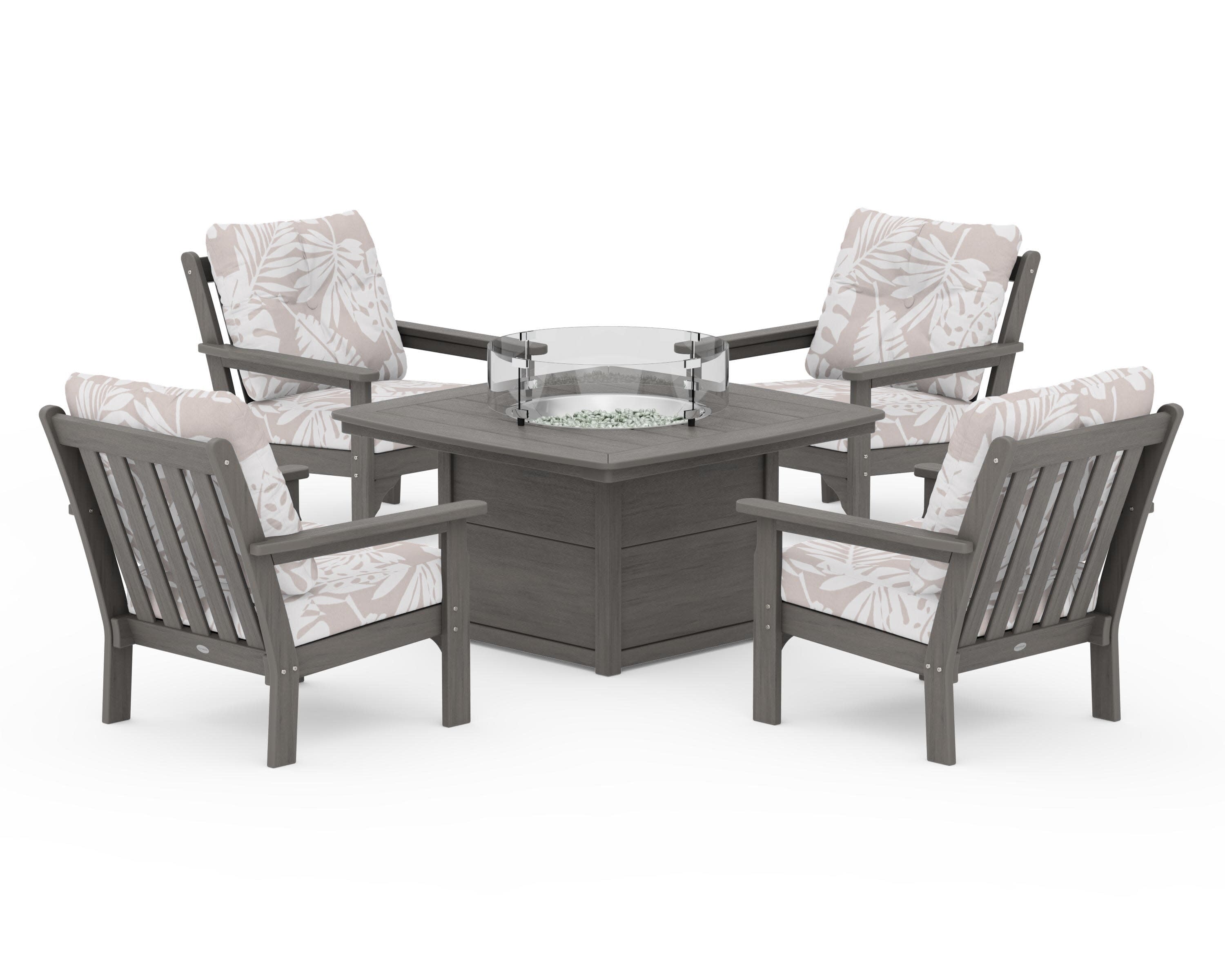 Vineyard 5-Piece Conversation Set with Fire Pit Table in Driftwood / Leaf Dune Burlap