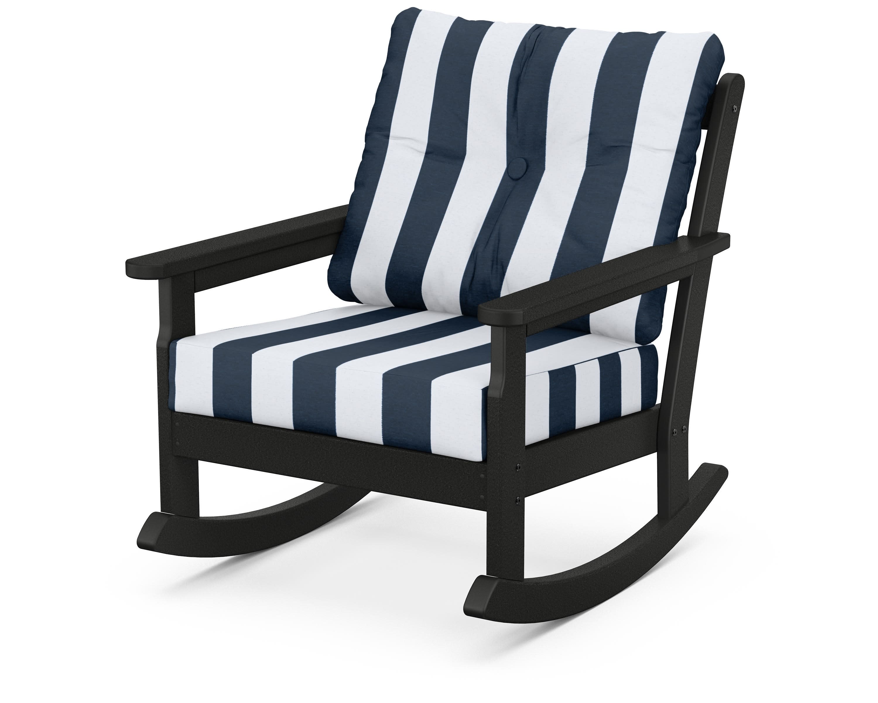 Vineyard Deep Seating Rocking Chair in Black / Cabana Stripe Marine Indigo