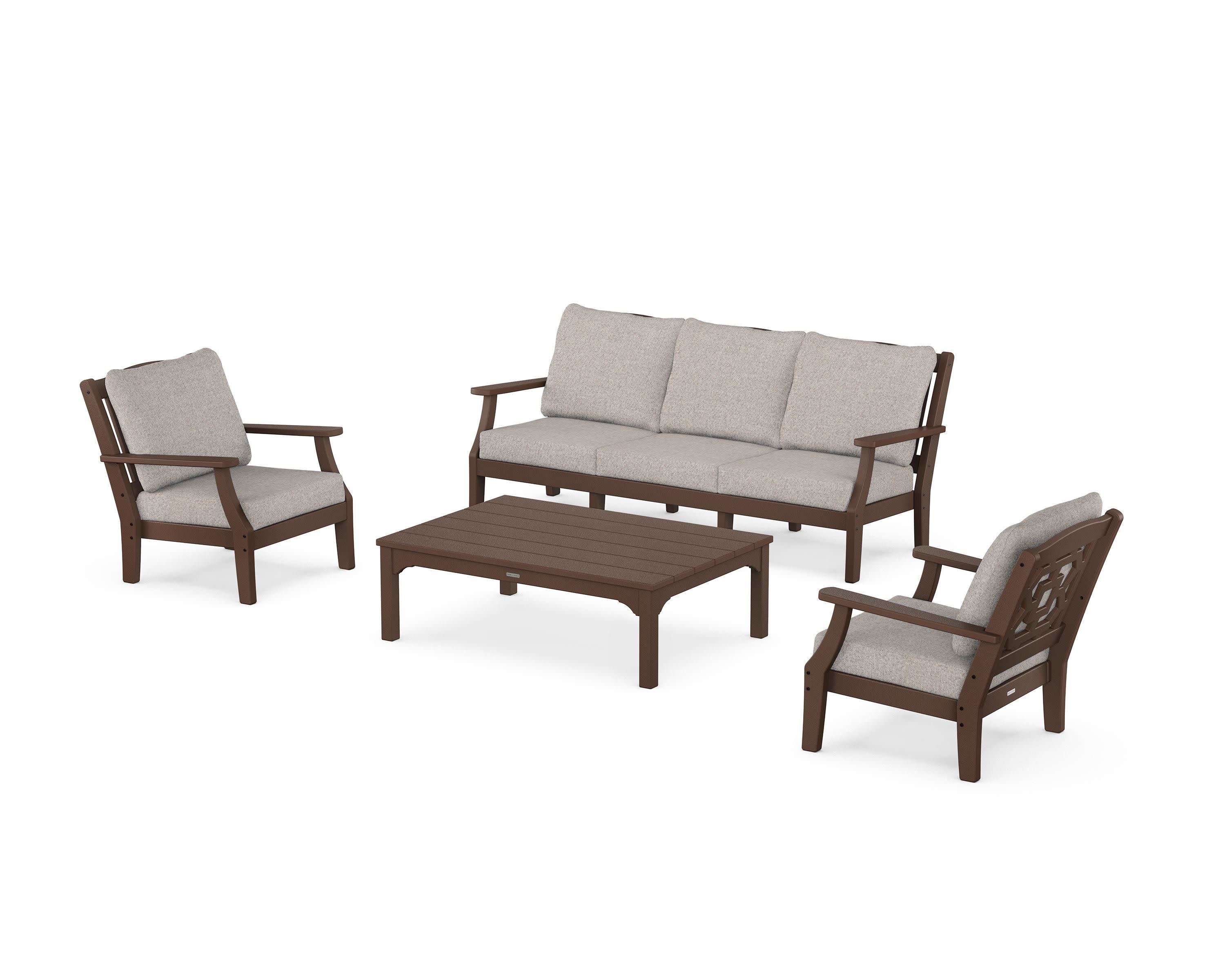 Chinoiserie 4-Piece Deep Seating Set with Sofa in Mahogany / Weathered Tweed