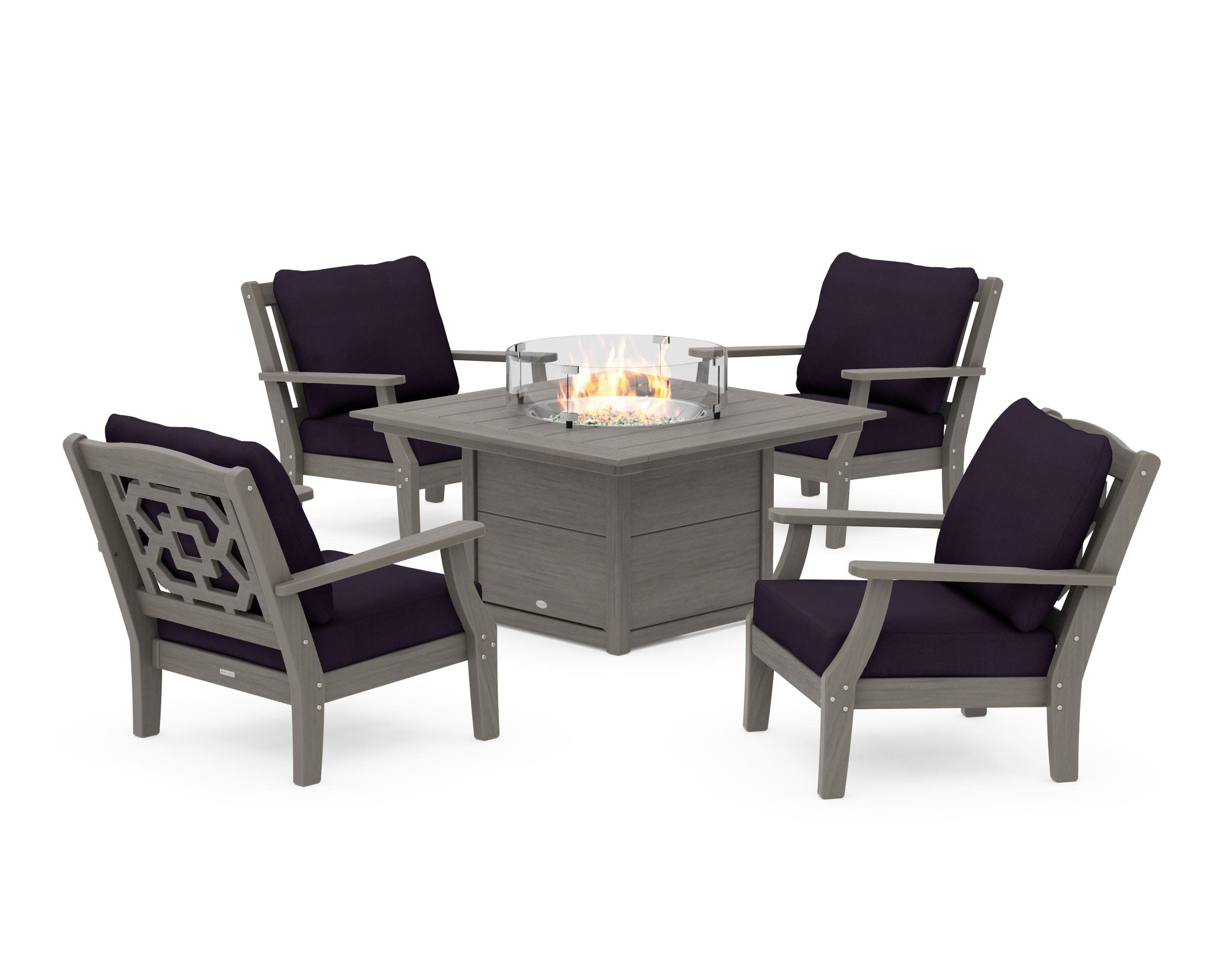 Chinoiserie 5-Piece Deep Seating Set with Fire Pit Table in Driftwood / Navy Linen
