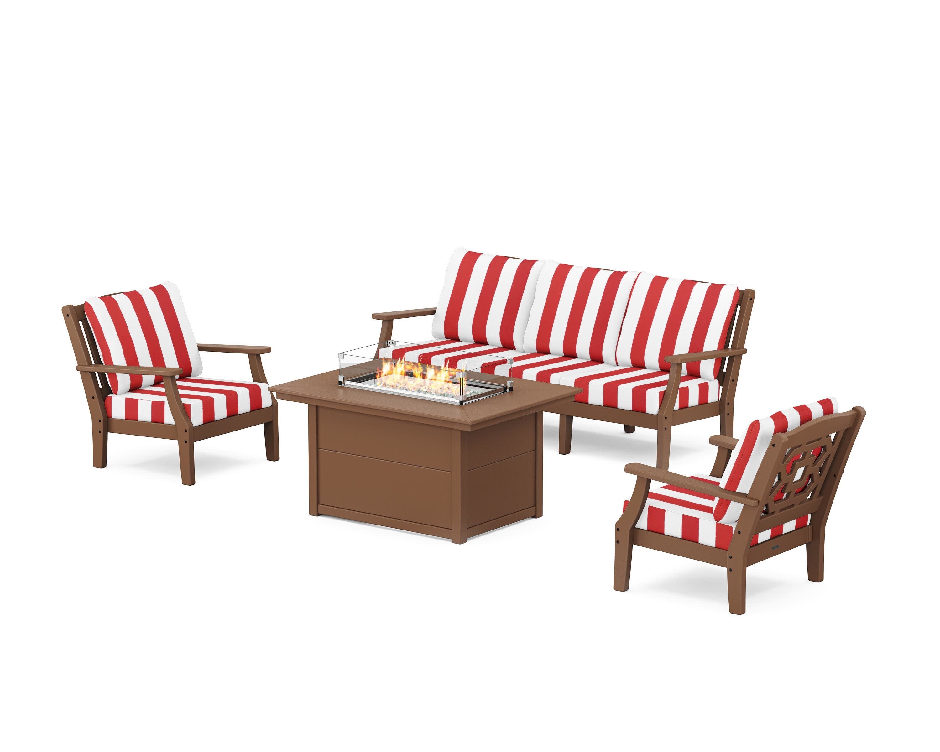 Chinoiserie Deep Seating Fire Pit Table Set in Teak / Cabana Stripe Crimson