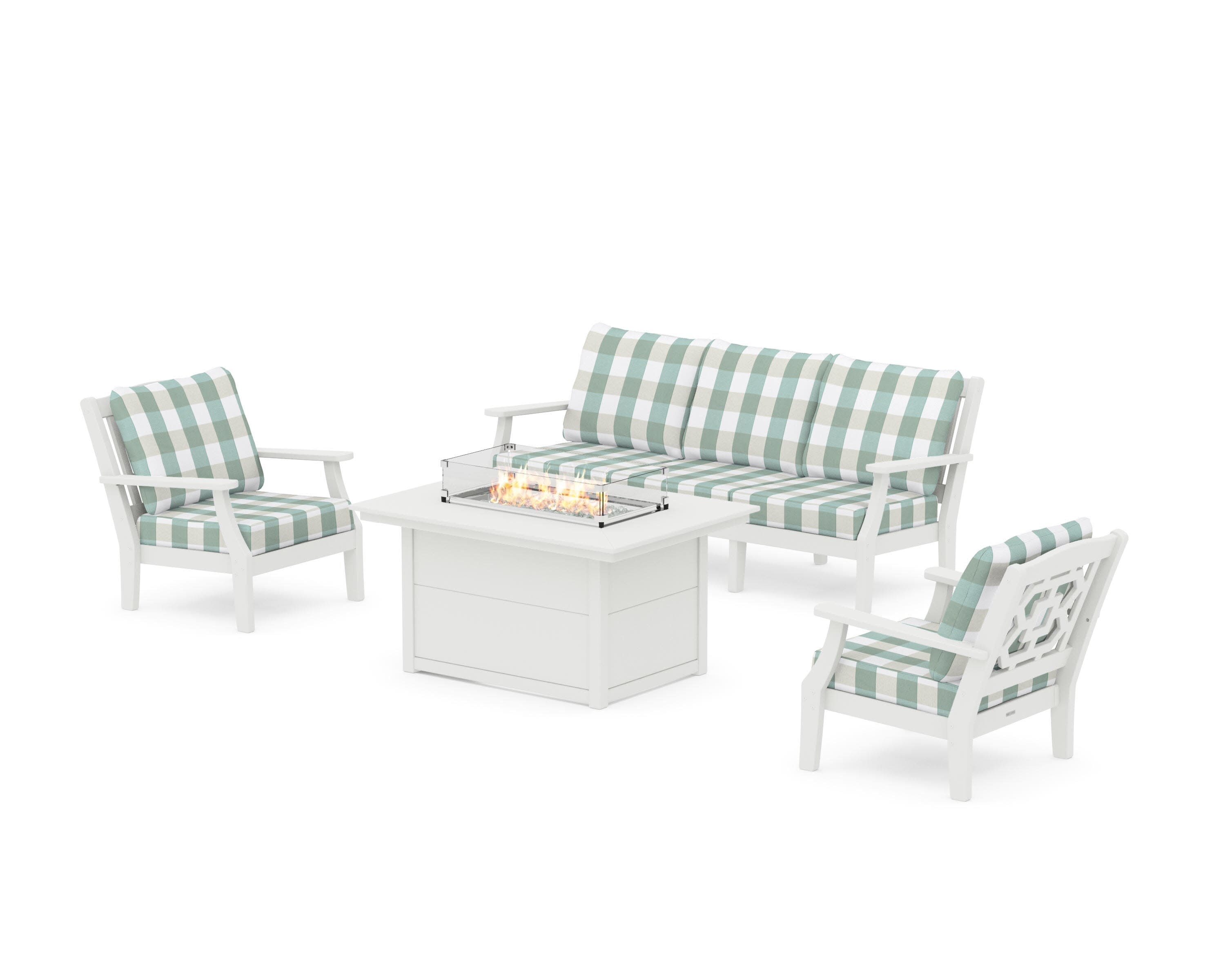 Chinoiserie Deep Seating Fire Pit Table Set in Vintage White / Buffalo Plaid Glacier Spa