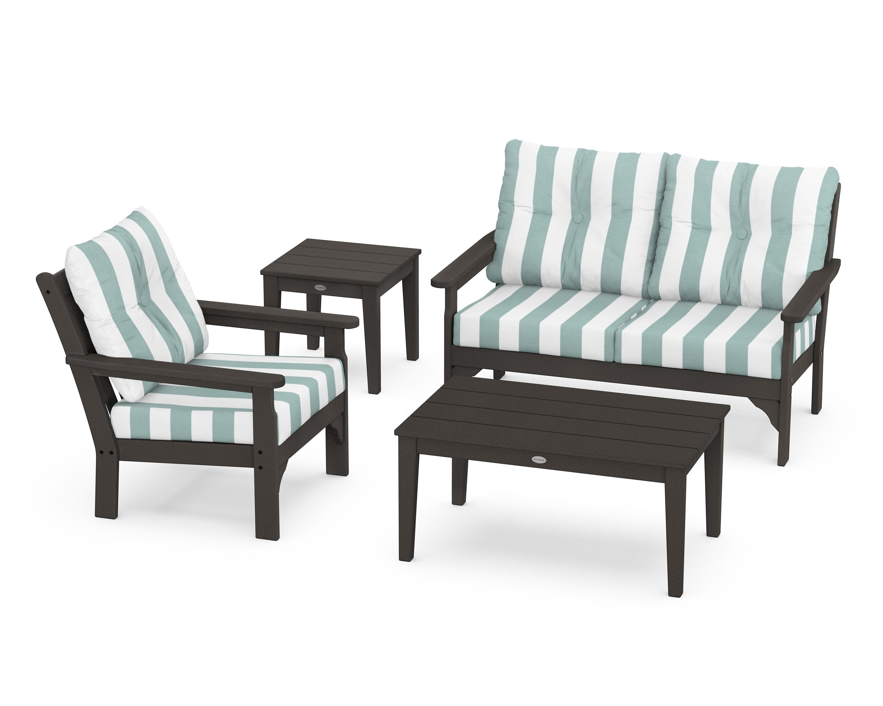 Vineyard 4-Piece Deep Seating Set in Vintage Coffee / Cabana Stripe Glacier Spa