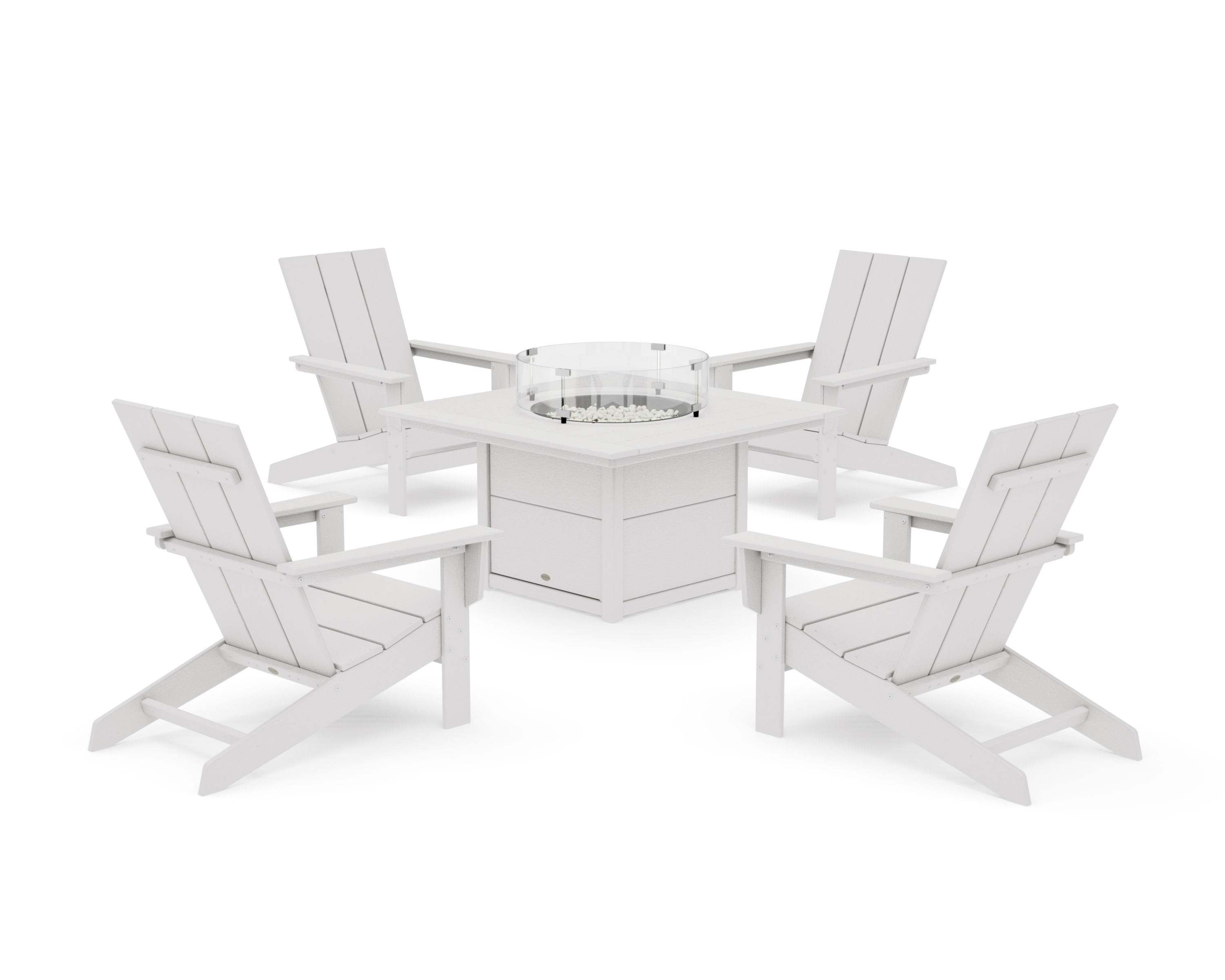 5-Piece Modern Studio Adirondack Conversation Set with Fire Pit Table in Vintage White