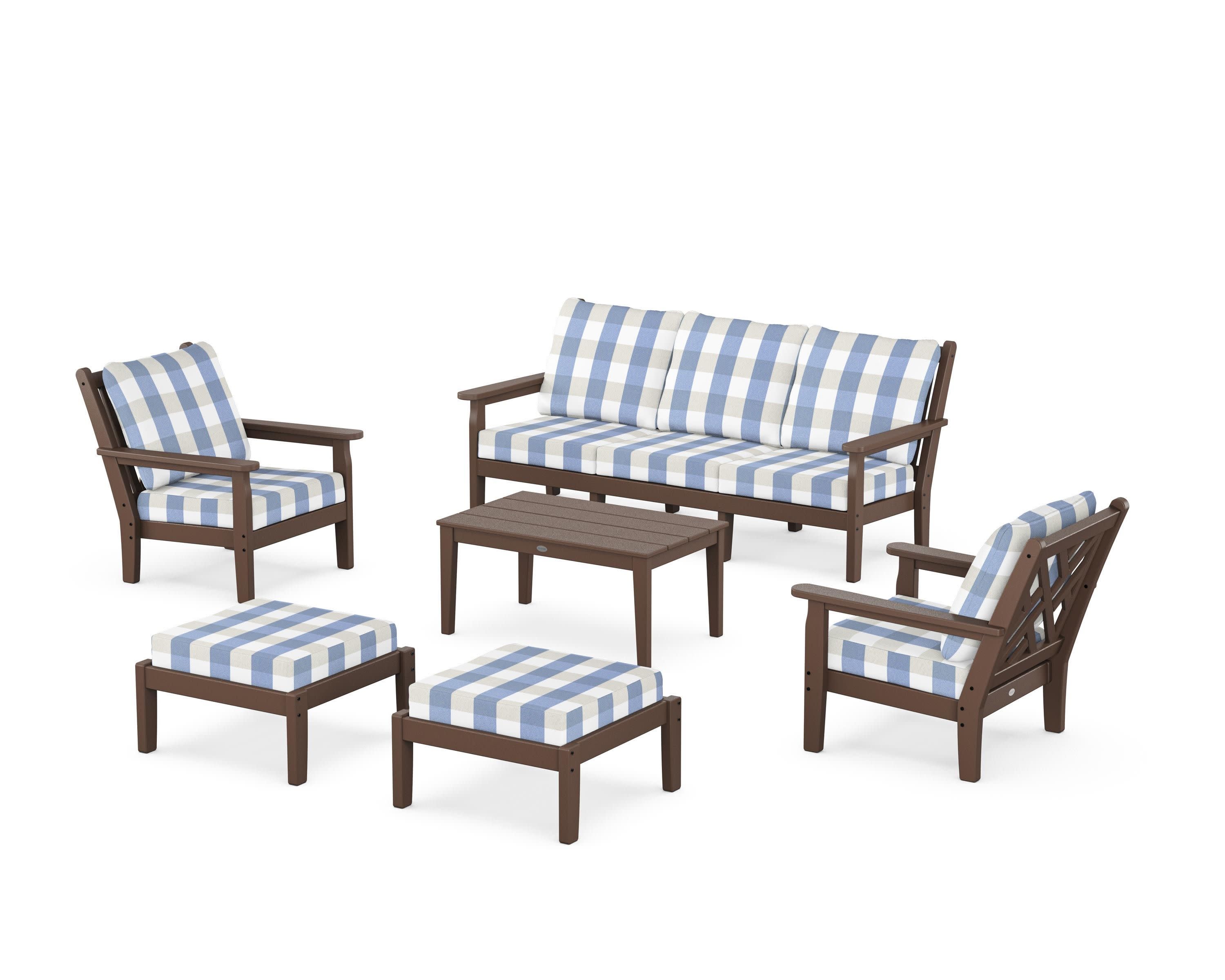 Chippendale 6-Piece Lounge Sofa Set in Mahogany / Buffalo Plaid Sky Blue