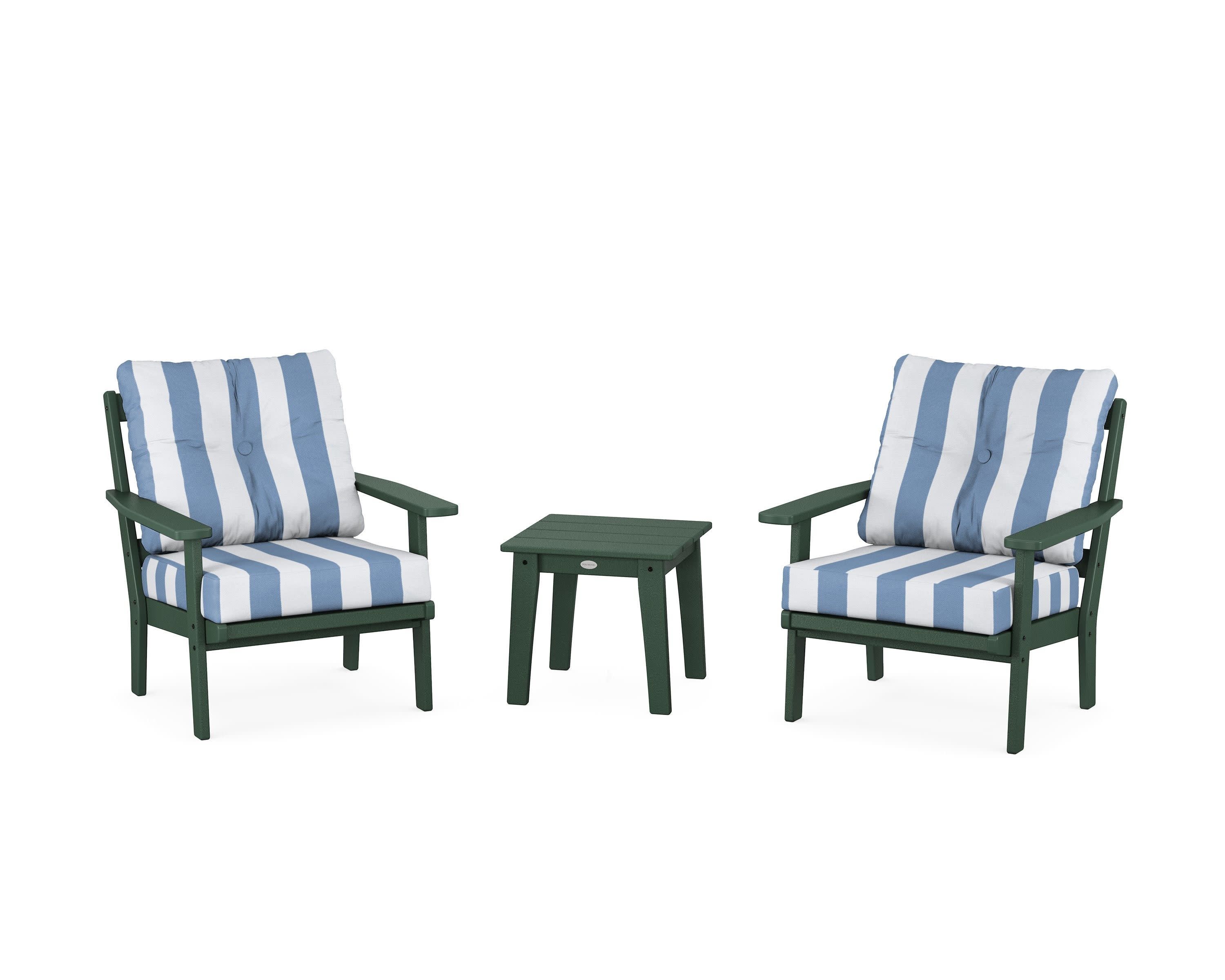 Oxford 3-Piece Deep Seating Set in Green / Cabana Stripe Sky Blue