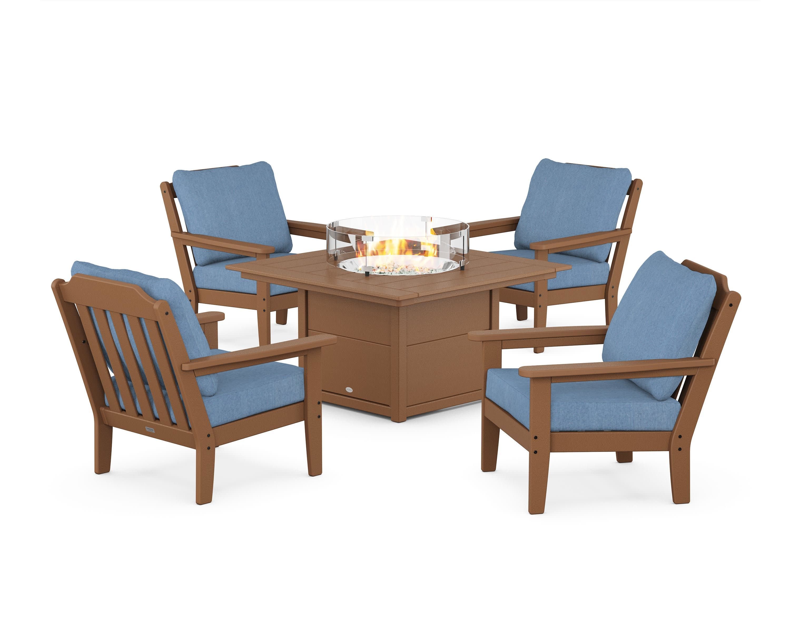 Cottage 5-Piece Deep Seating Set with Fire Pit Table in Teak / Sky Blue