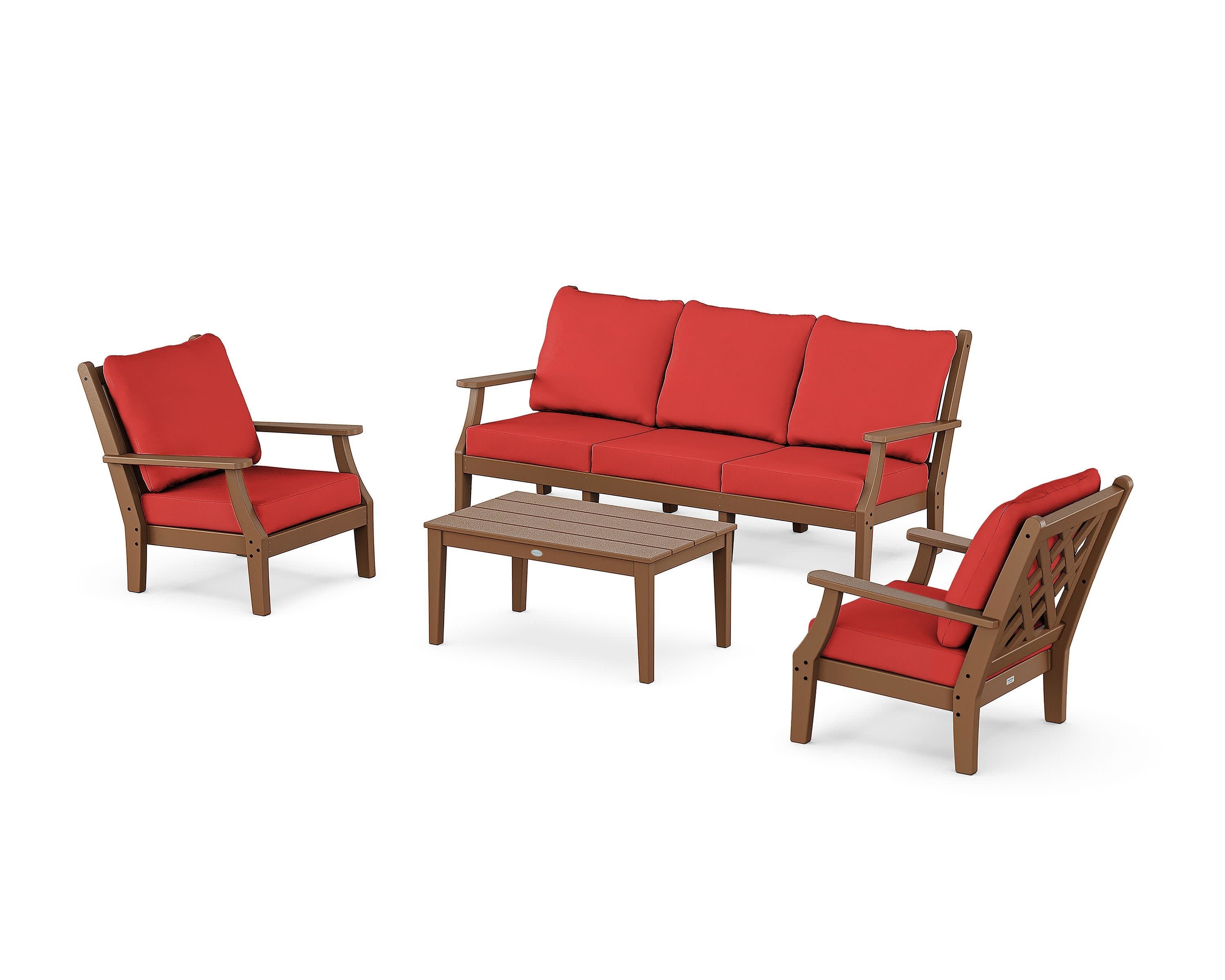 Wovendale 4-Piece Deep Seating Set with Sofa in Teak / Crimson Linen