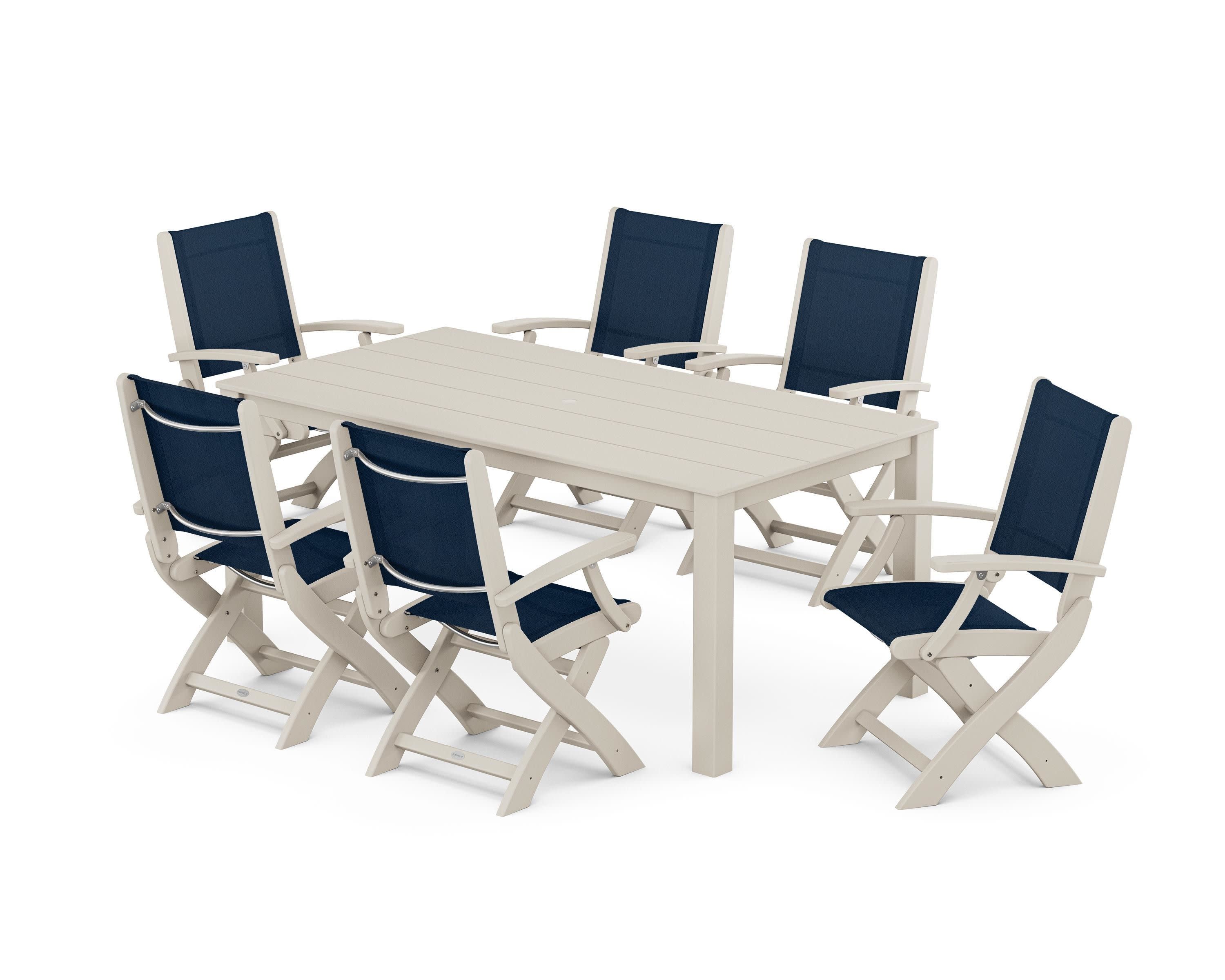 Coastal Folding Chair 7-Piece Parsons Dining Set in Sand / Navy Blue Sling